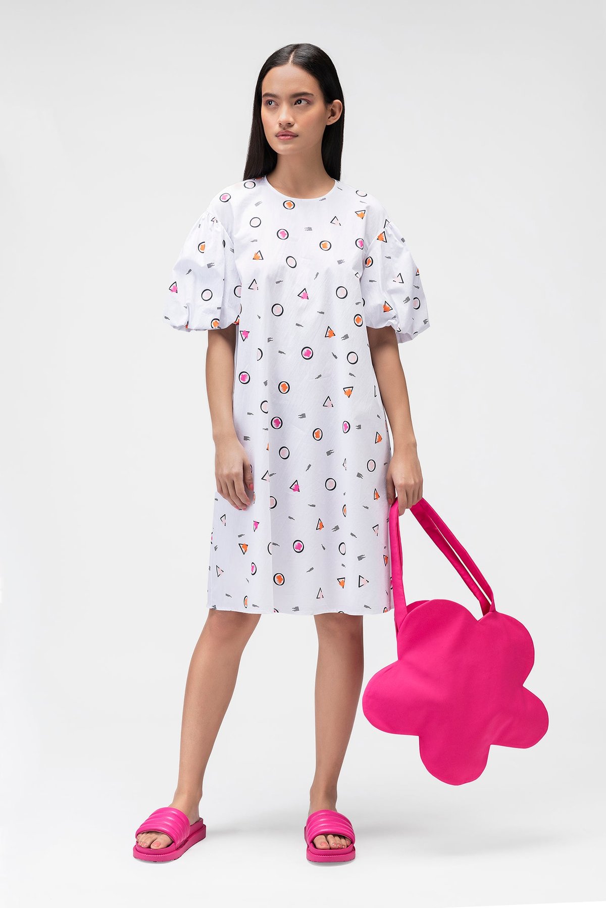 White Graphic Print A-Line Knee-Length Cotton Dress