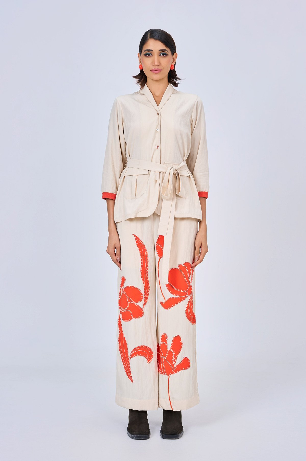 Ivory Shirt and Wide-Leg Pants Co-ord Set with Belt