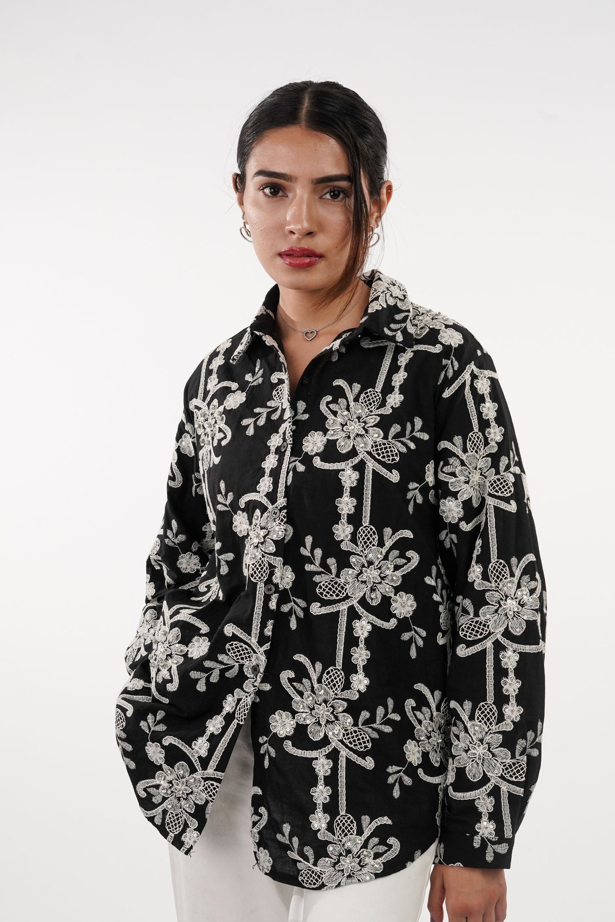 Black Embroidered and Embellished Button-Down Shirt