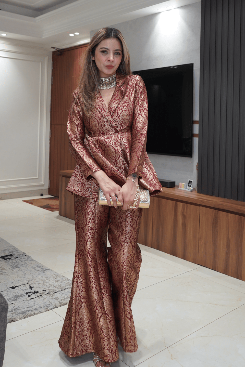 Maroon Brocade Peplum Top and Flared Pants Co-ord Set