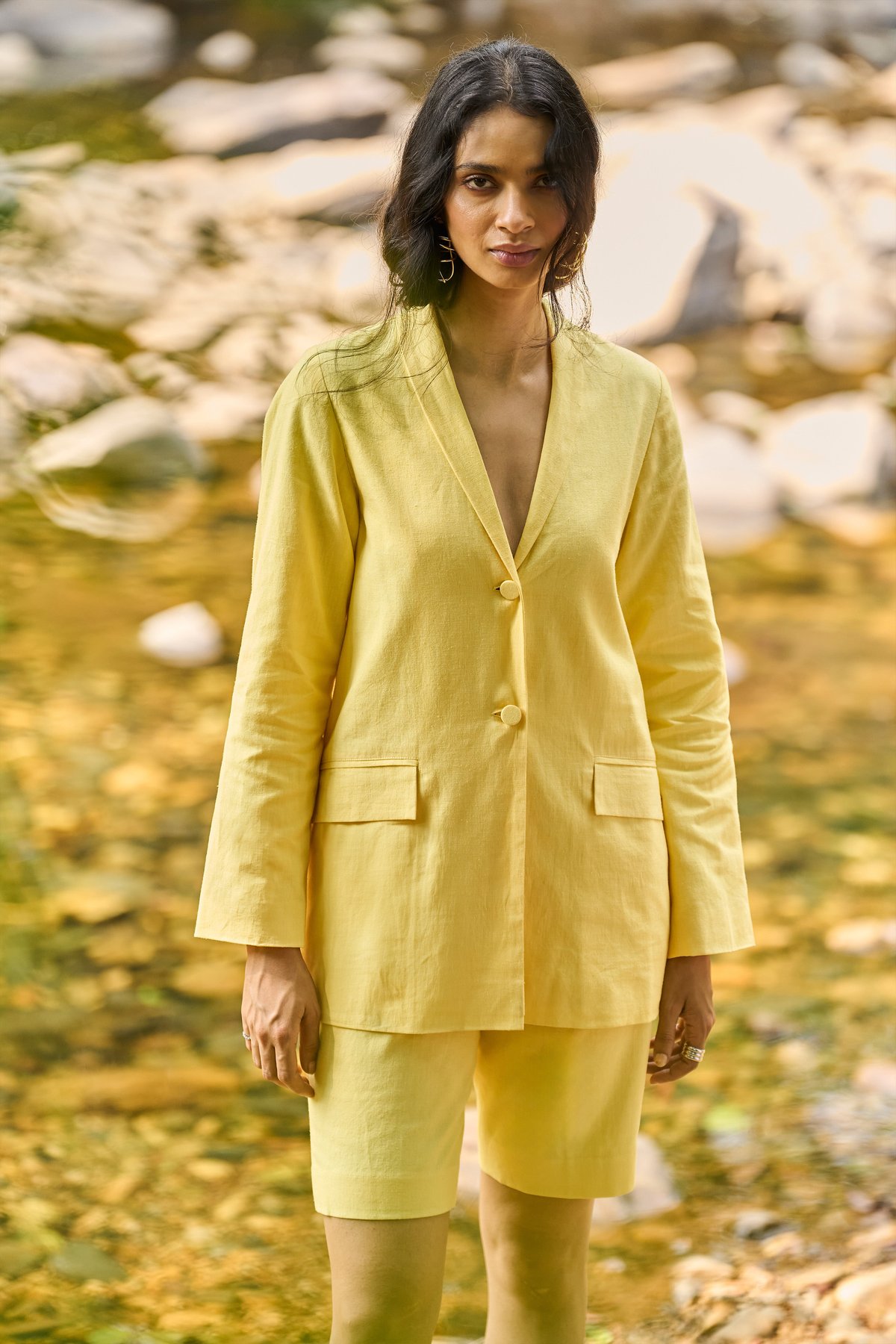 Butter Yellow Cotton-Linen Tailored Shorts