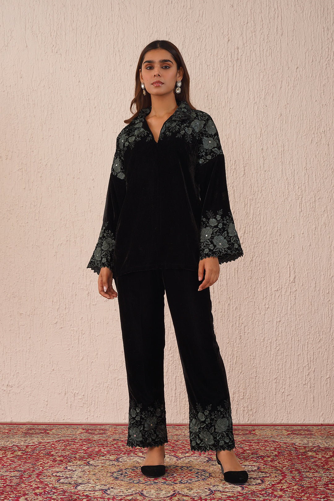 Black Velvet Embroidered Co-ord Set with Straight Pants