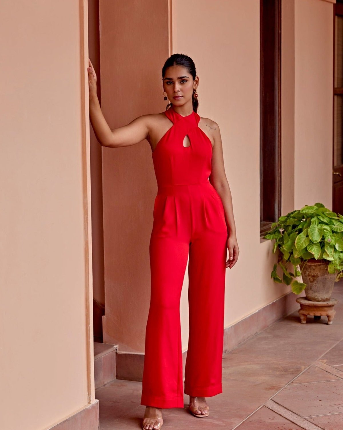 Red Halter Neck Wide-Leg Satin Jumpsuit