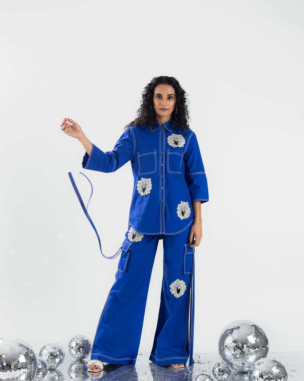 Royal Blue Applique Shirt and Wide-Leg Pants Co-ord Set