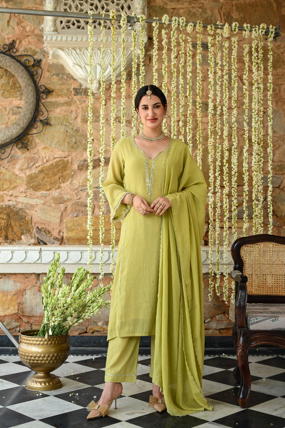 Yellowish Green with Beads Pearl Work Scallope Dupatta Suit Set-SET OF-3