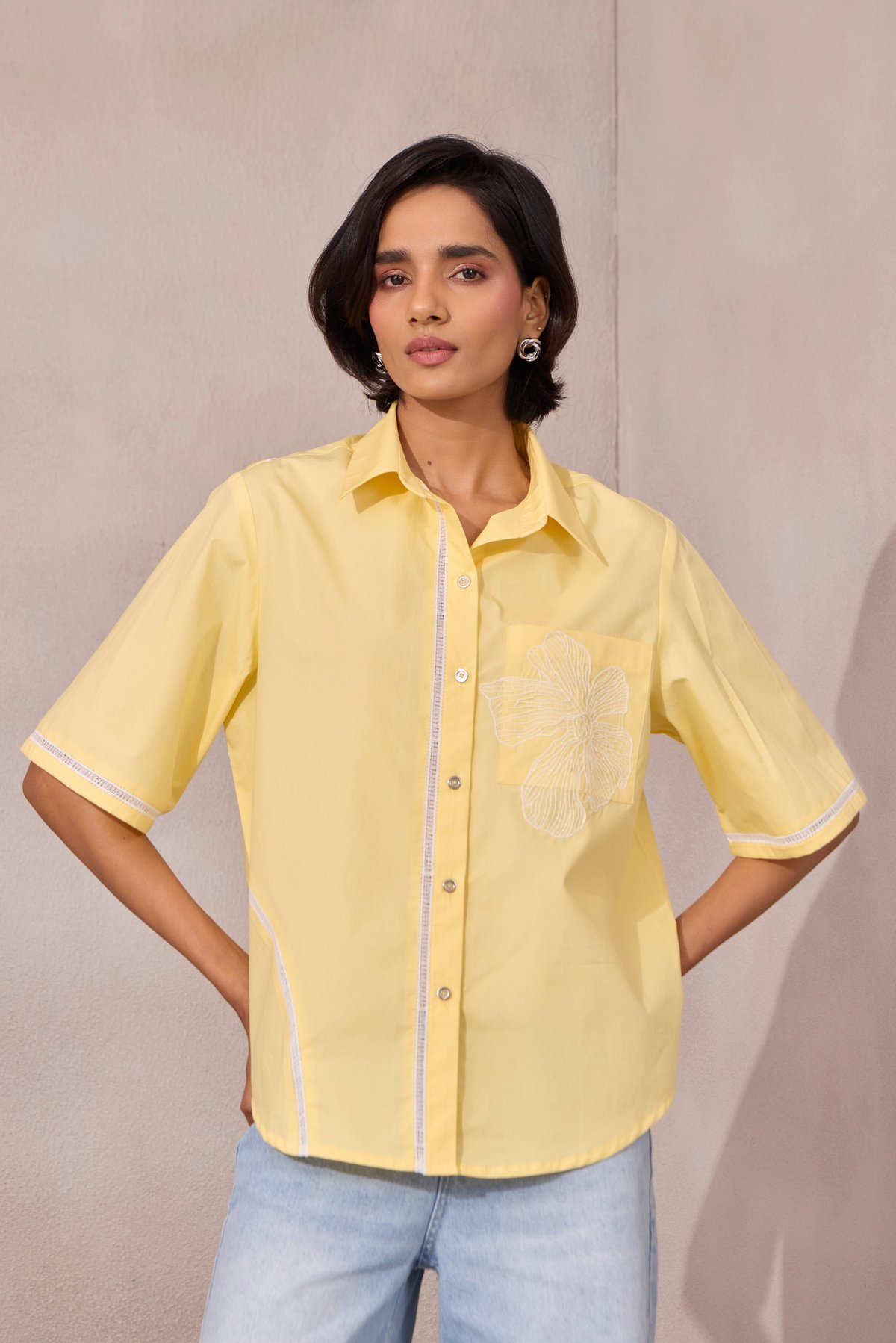 Lemon Sorbet Cotton Poplin Applique Button-Down Shirt