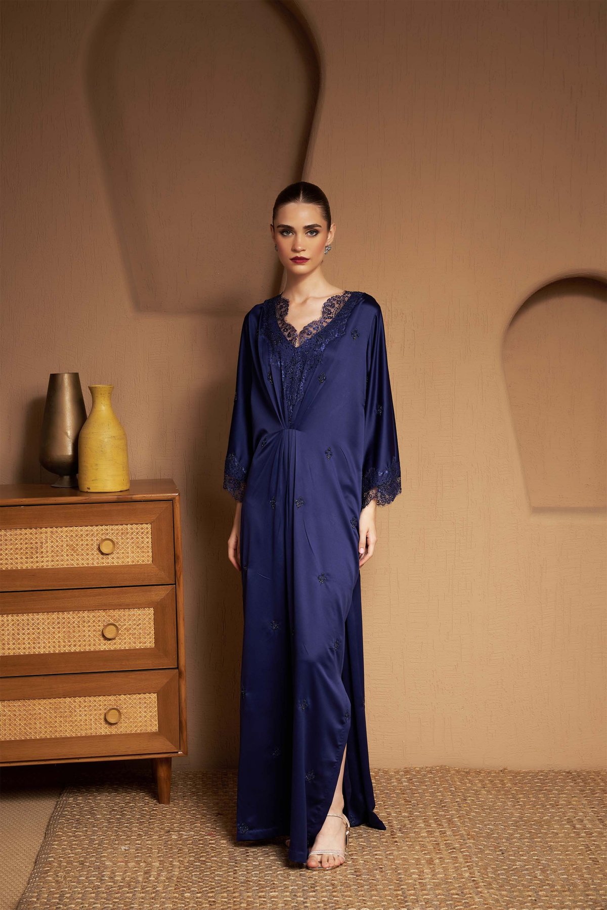Navy Blue Italian Satin Lace-Trim Maxi Kaftan