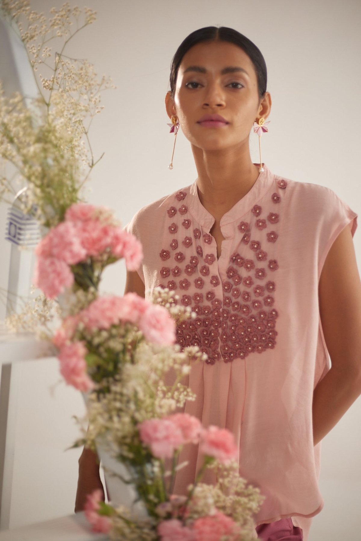 Peach Sheer Voile Top with Floral Embroidery