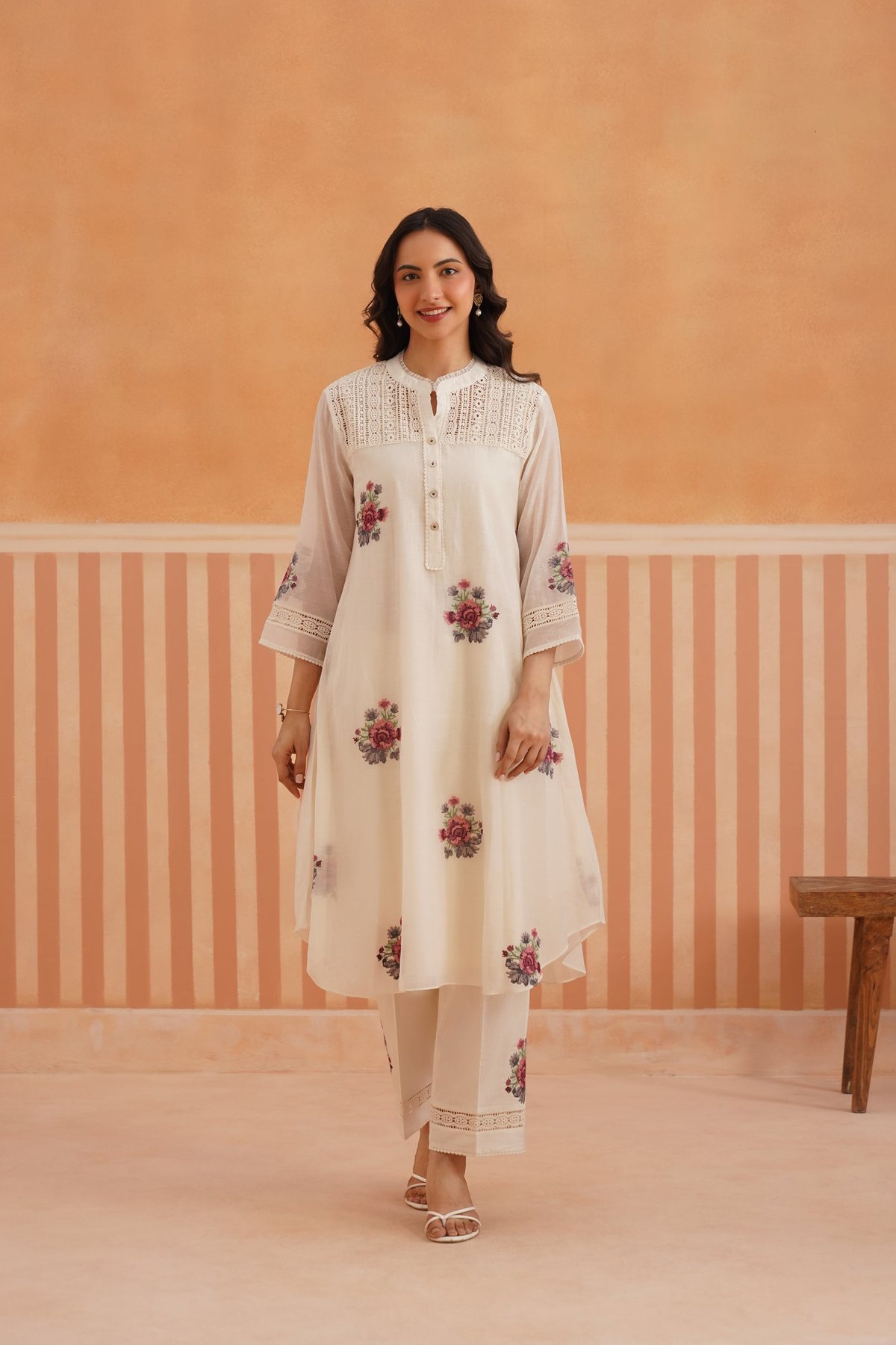 Ivory Mul Chanderi Embroidered Kurta Set with Lace Yoke