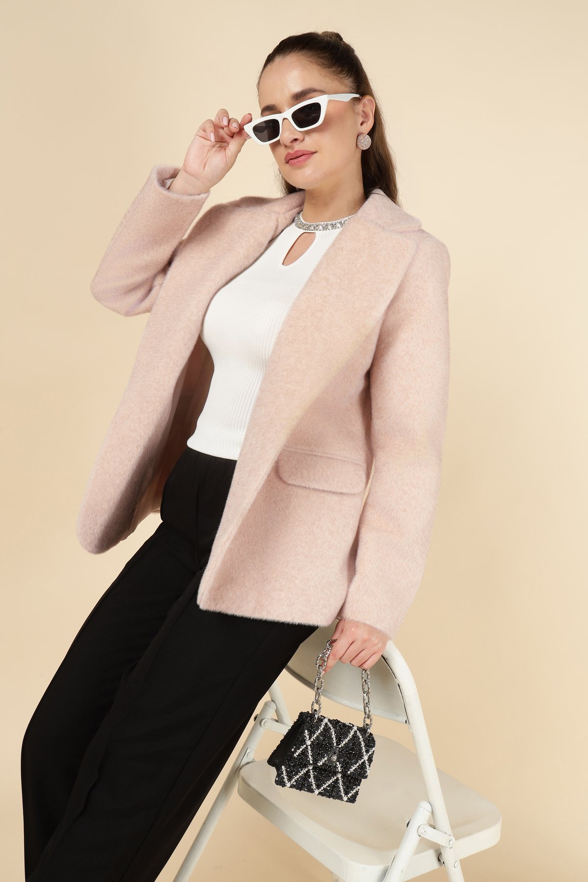 Light Pink Tailored Open-Front Blazer with Patch Pockets