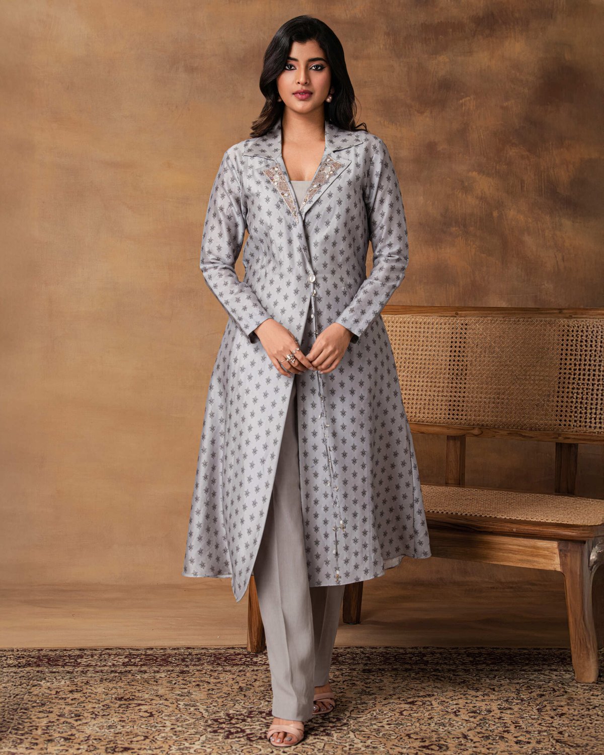 Chaand Grey Printed Booti Chanderi Jacket Style Kurta Set