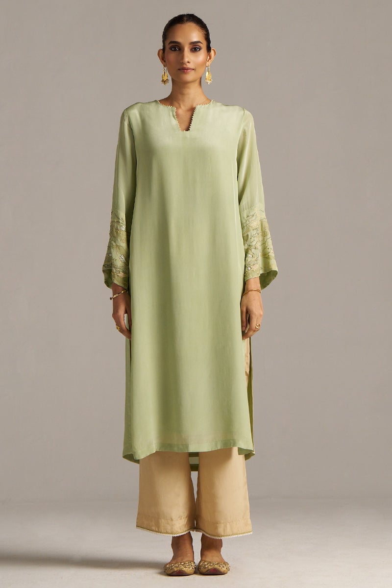 Celadon Green Kurta and Beige Wide-Leg Pants Co-ord Set