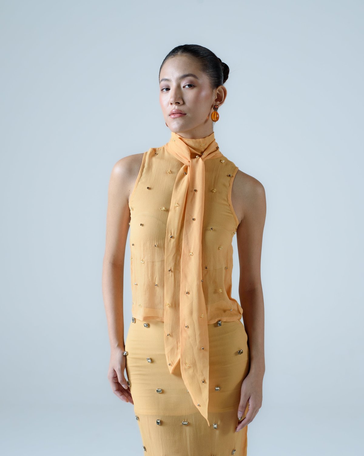 Yellow Silk Chiffon High-Neck Scarf Detail Top