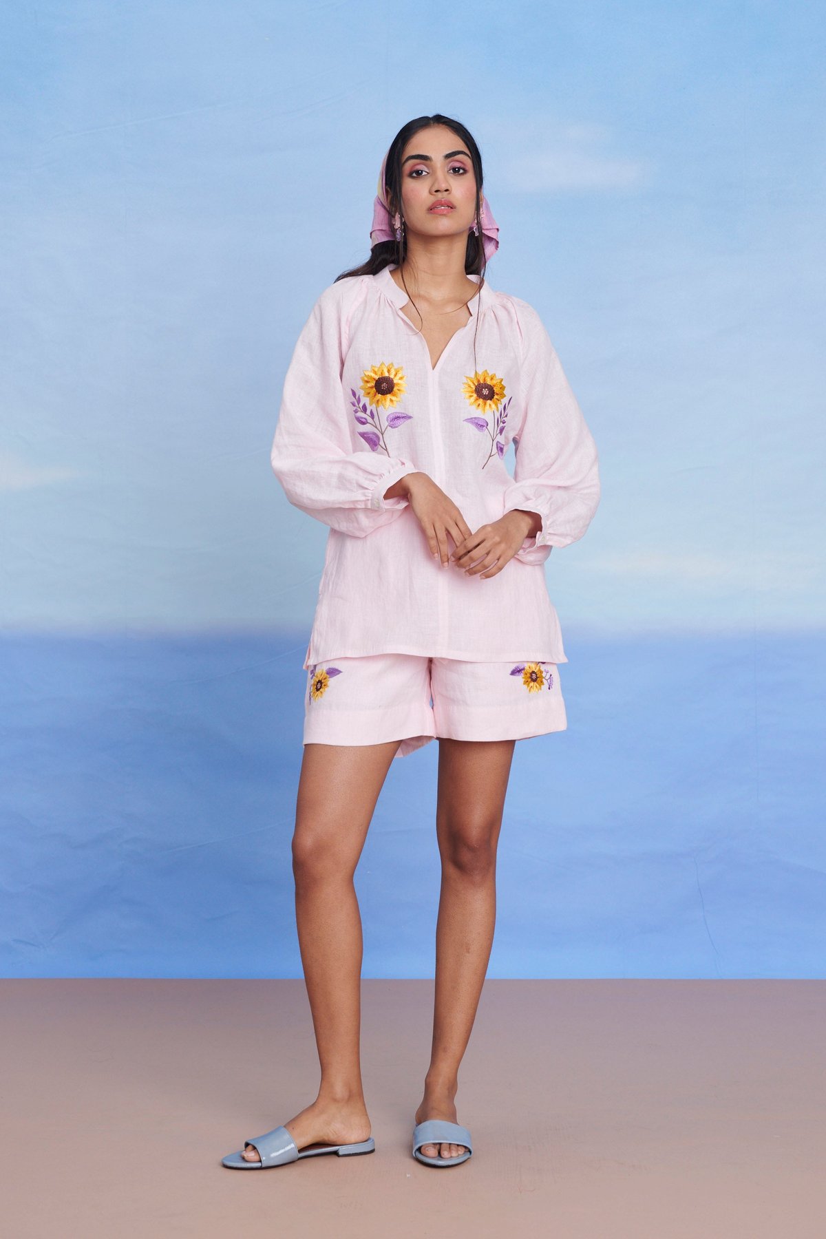 Pink Linen Embroidered Top and Shorts Co-ord Set