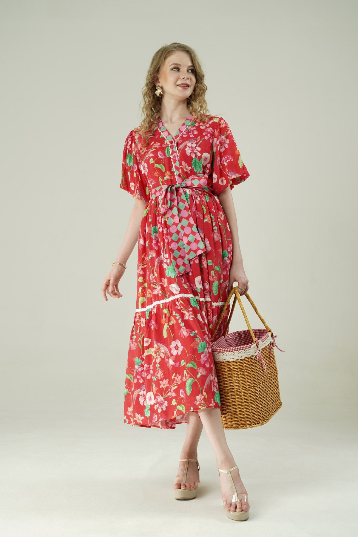Red Muslin Floral Print Tiered Midi Dress with Belt