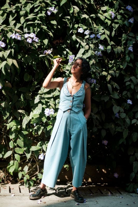 Blue Handwoven Denim Wide-Leg Pleated Trousers