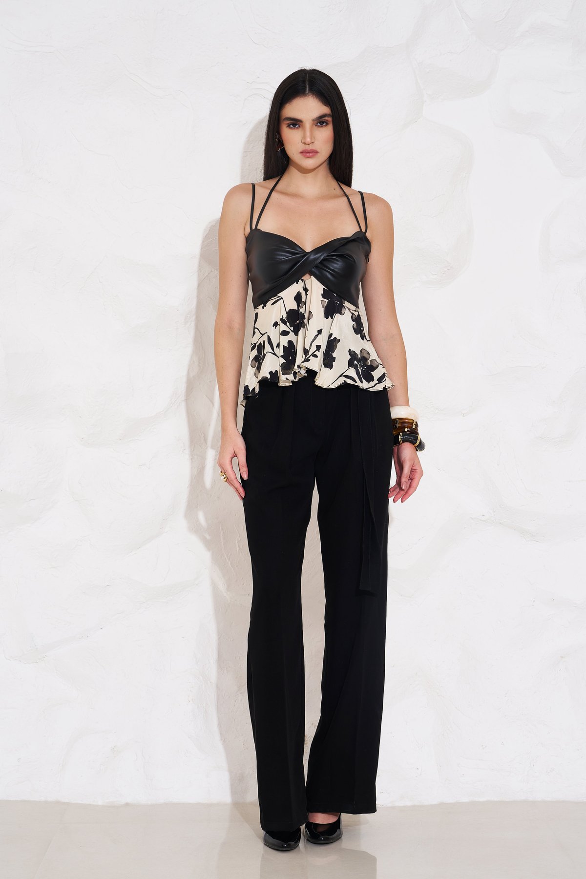 Black and Ivory Printed Peplum Top and Pants Co-ord Set