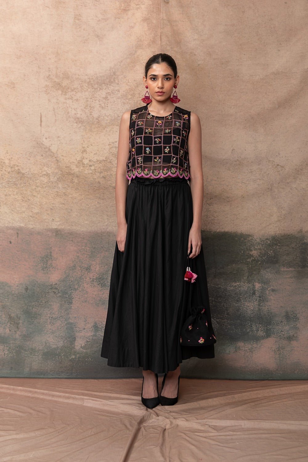 Black Embroidered Crop Top and Maxi Skirt Co-ord Set