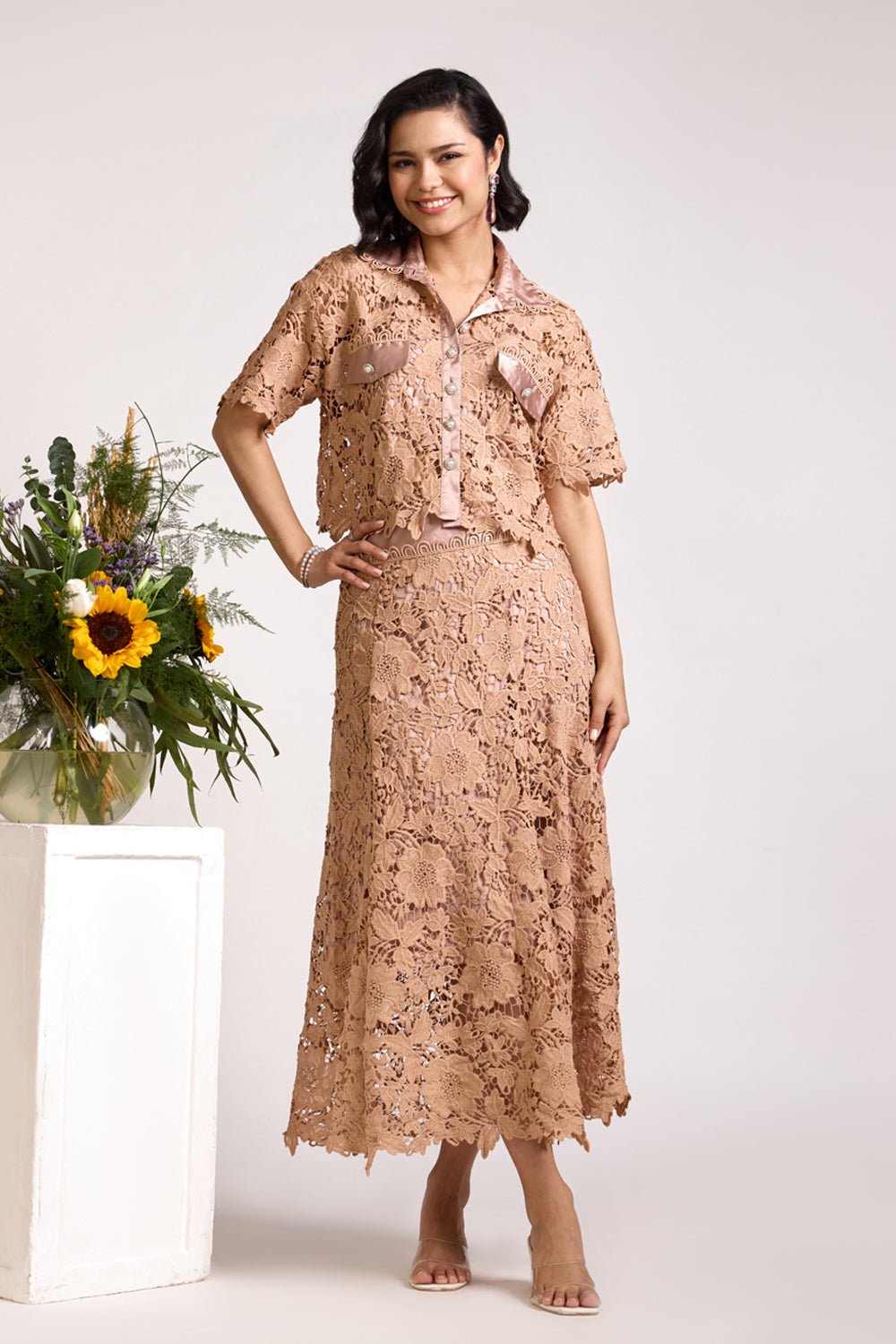 Beige Lace Crop Shirt and Midi Skirt Co-ord Set