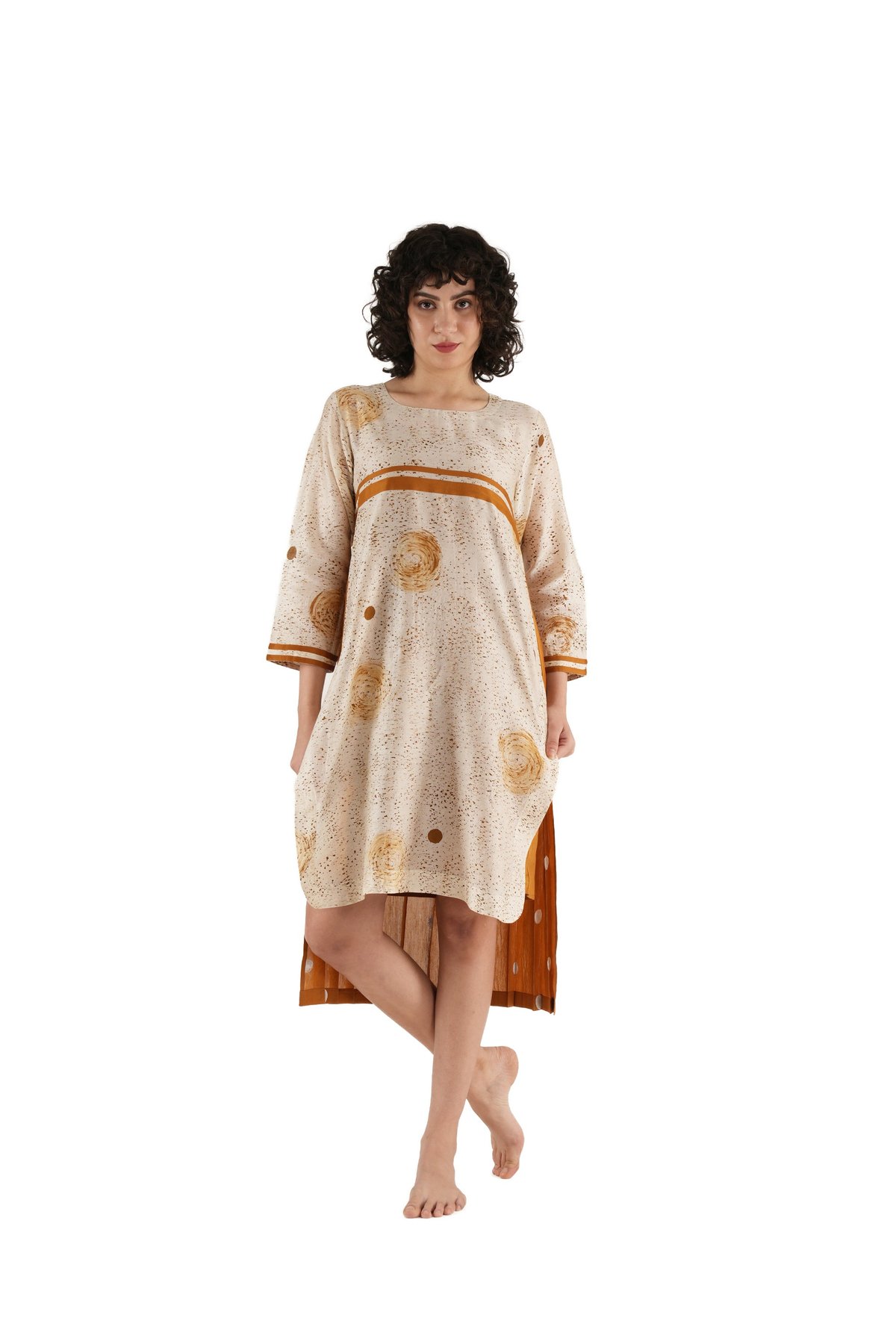 Rust Texcher Print Pleated Dress