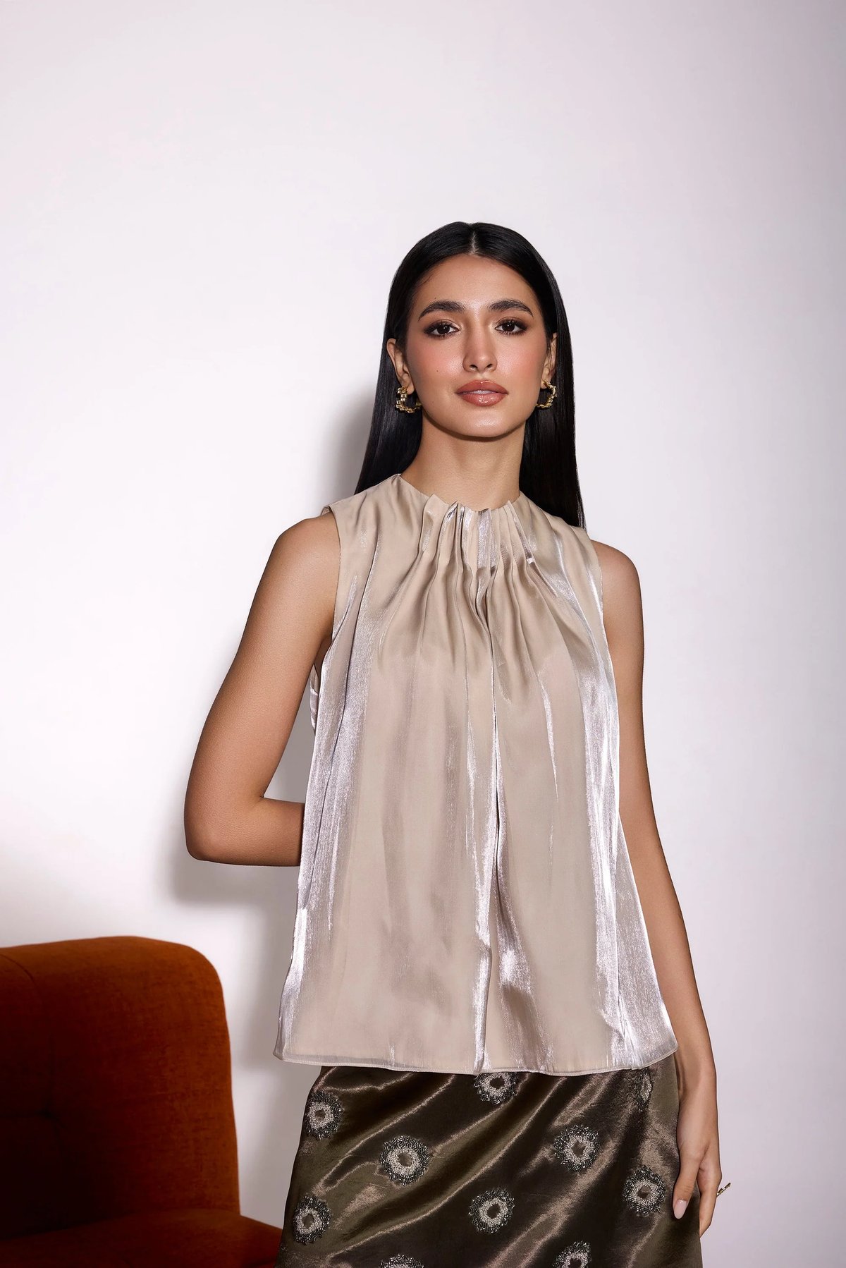 Ivory Metallic Glass Organza High-Neck Sleeveless Top