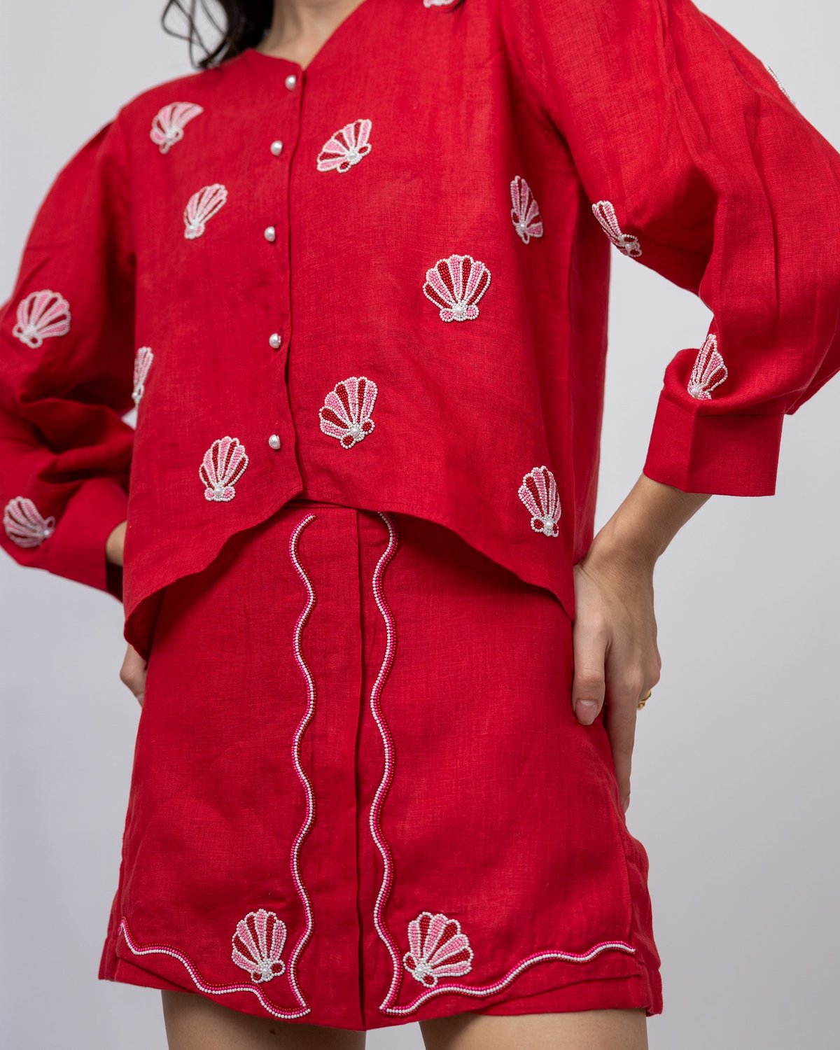 Red Linen Hand-Beaded High-Waist Skort