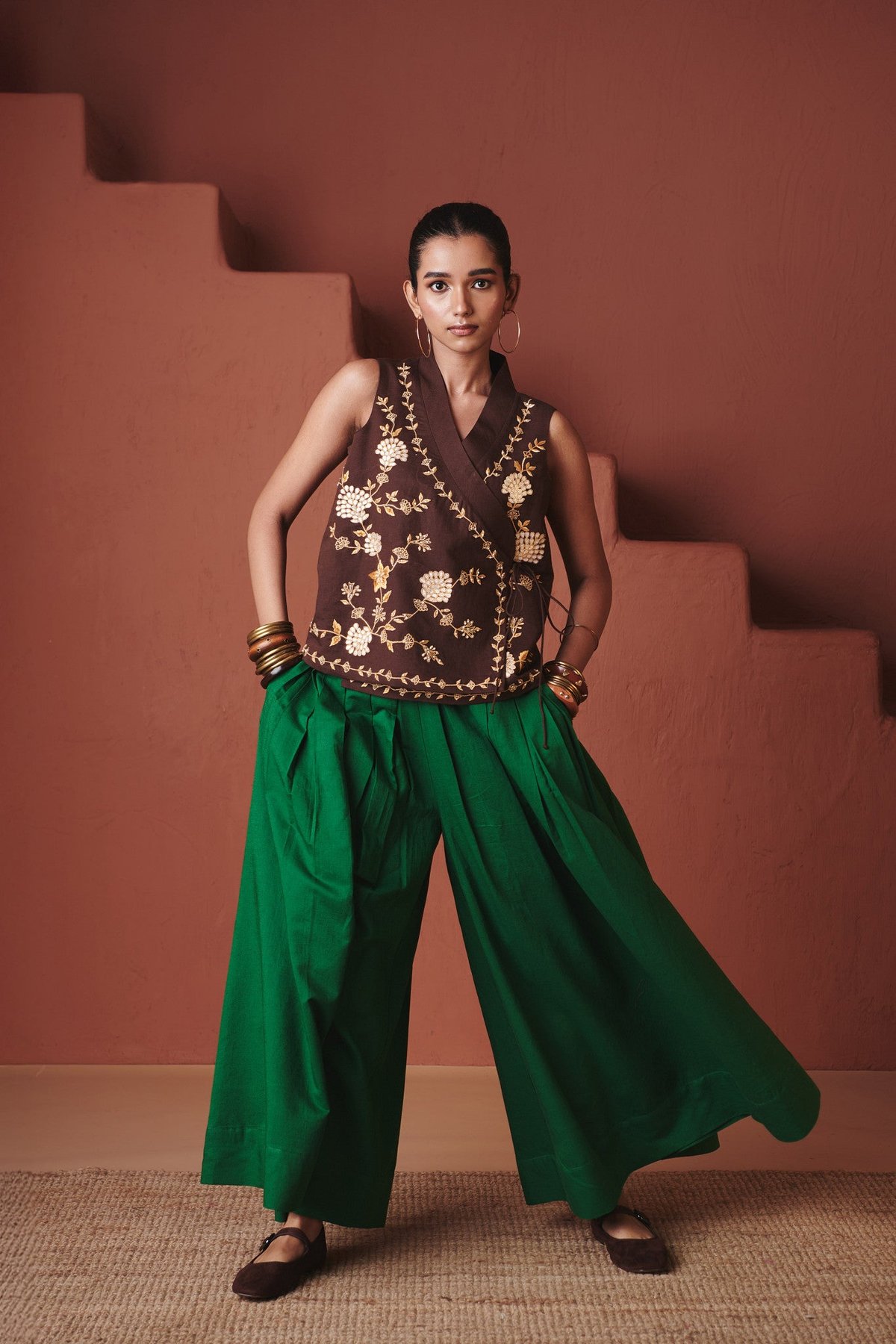 Brown Co-Linen Wrap Waistcoat with Zari Floral Embroidery