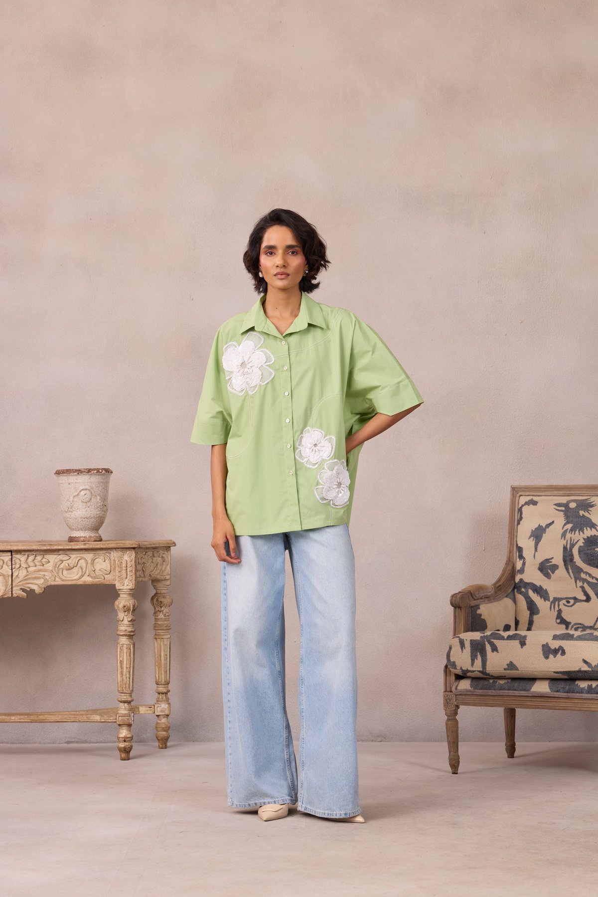 Foam Green Oversized Floral Applique Shirt