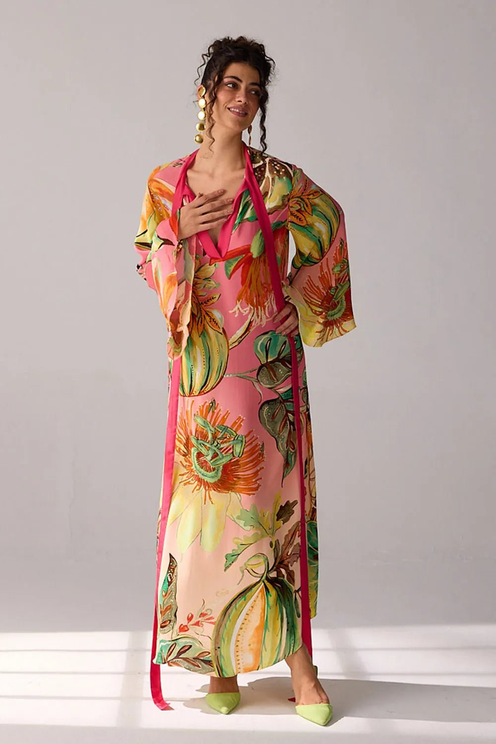 Pink Ombre Printed Maxi Dress with Flare Sleeves
