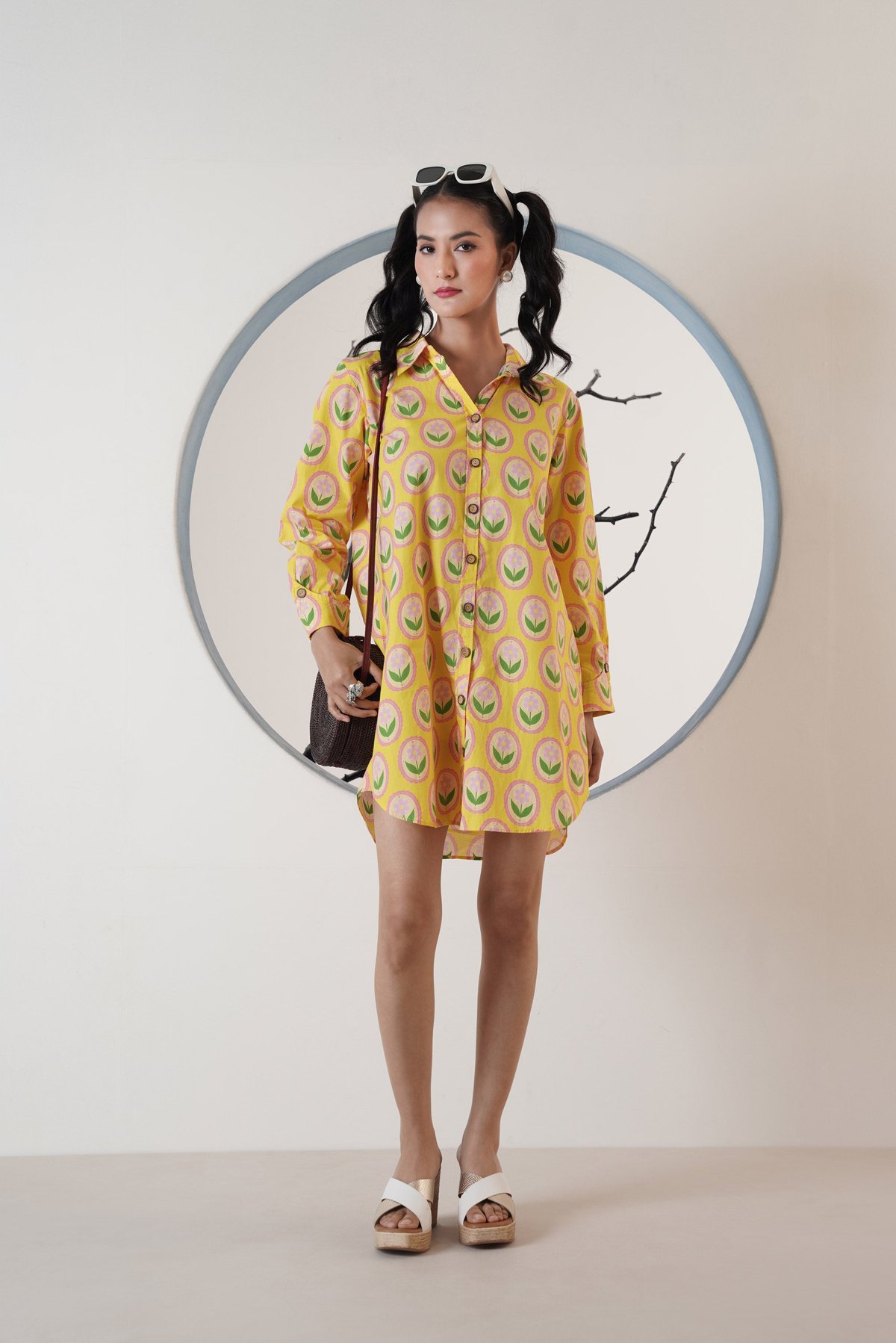 Yellow Floral Printed Mini Shirt Dress