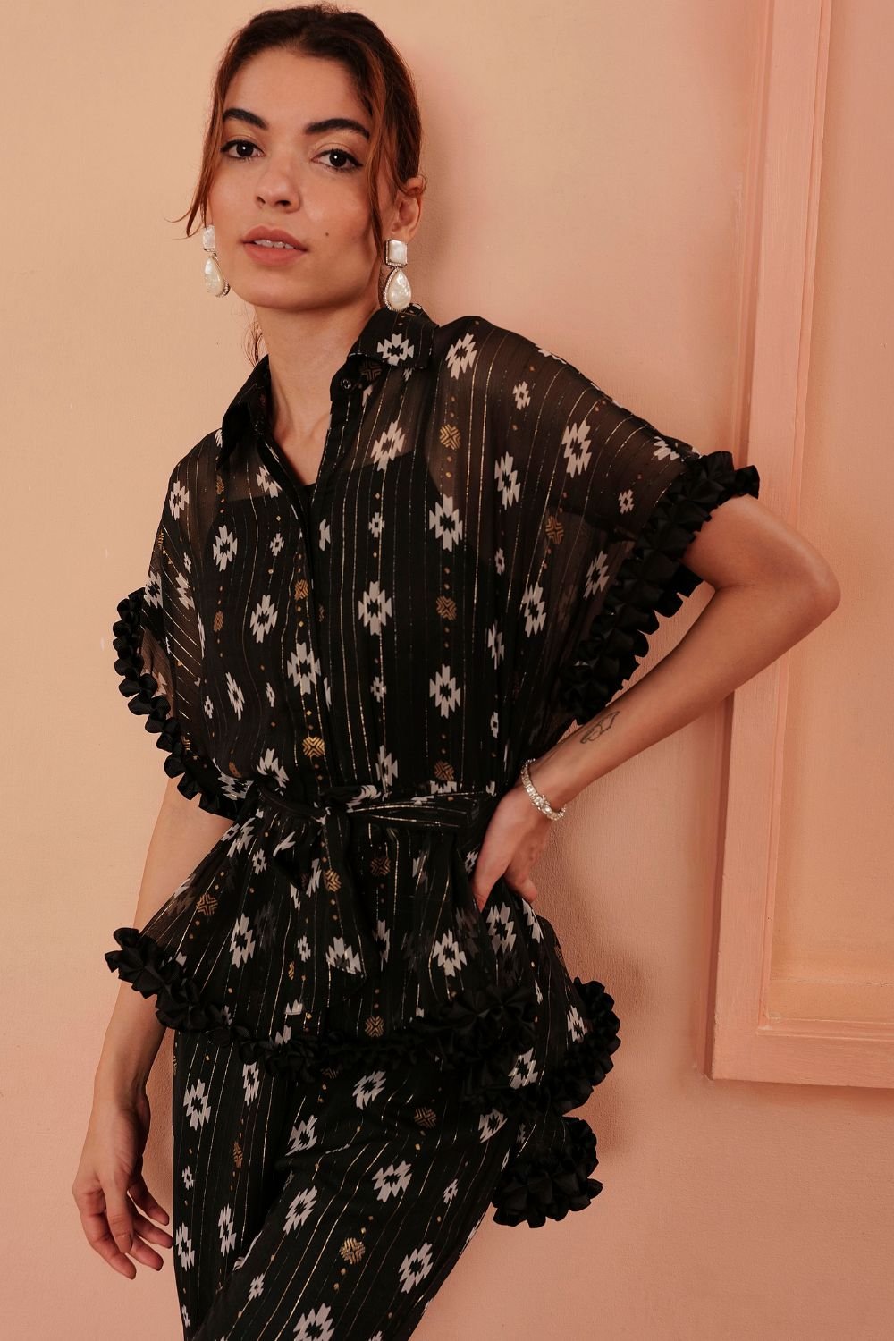 Black Metallic Geometric Batwing Blouse with Waist Tie