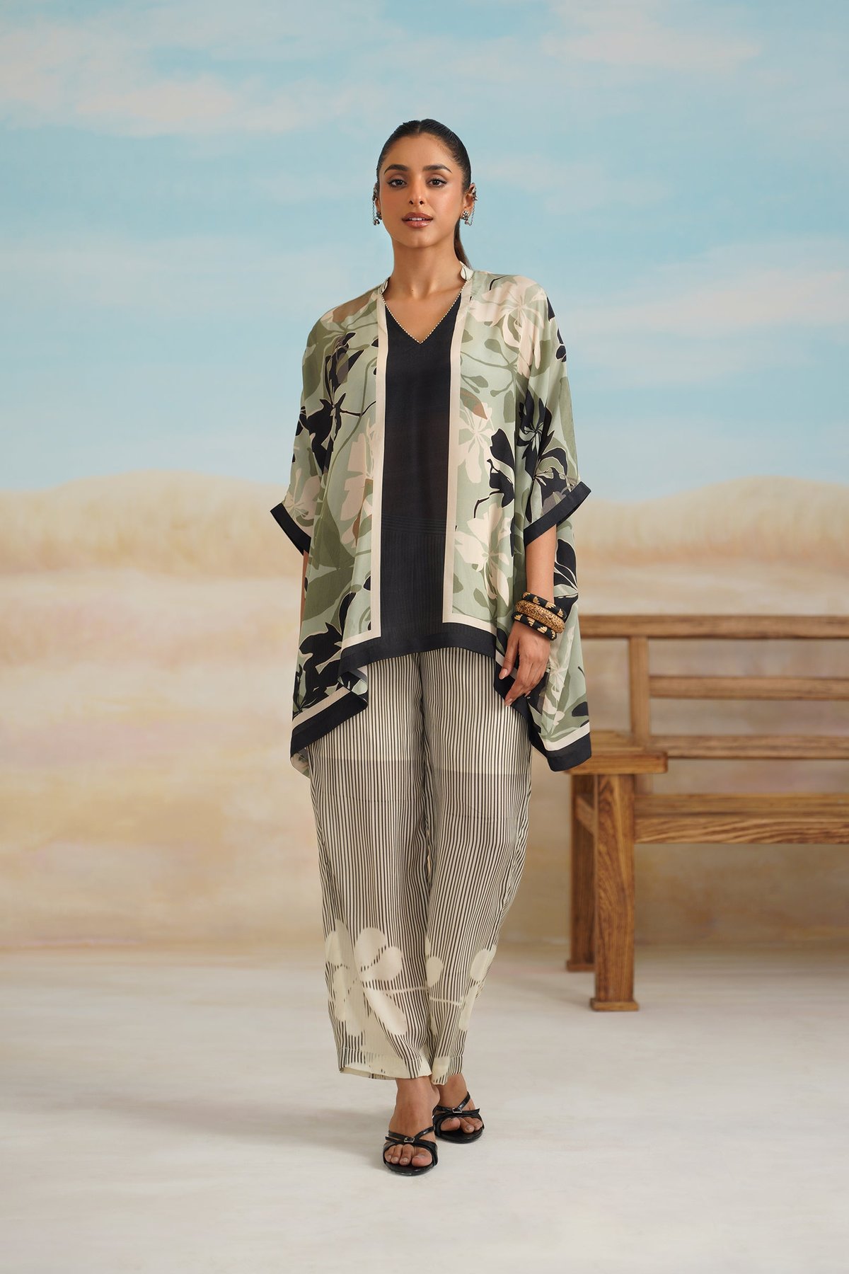 Printed Cape Top and Wide-Leg Pants Co-ord Set