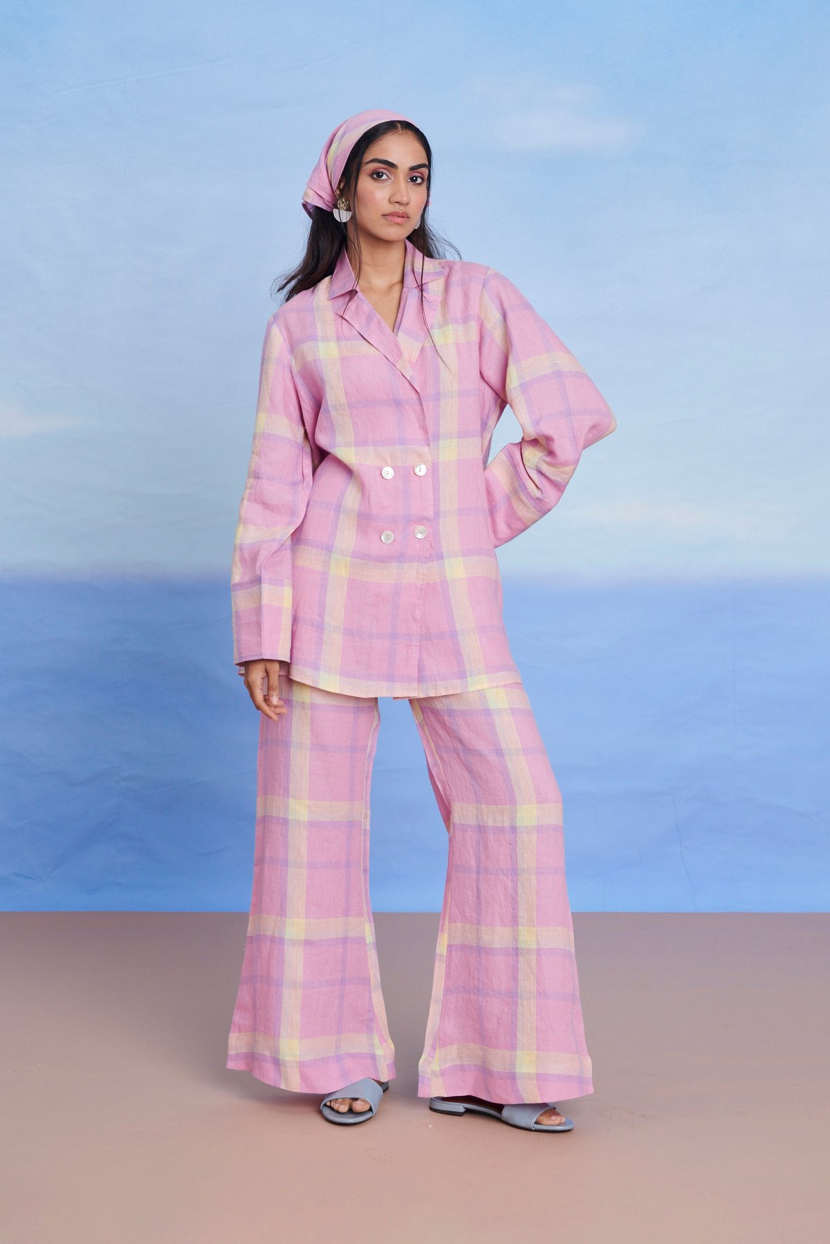 Pink Checked Linen Co-ord Set with Blazer Shirt and Pants