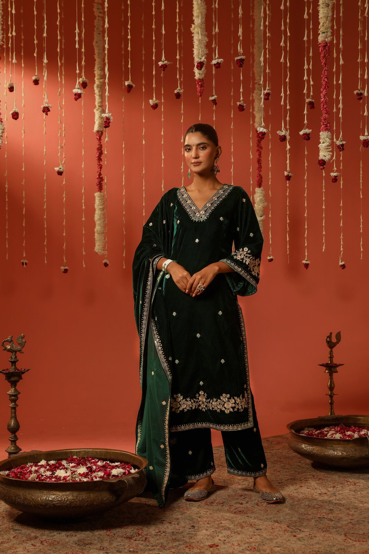 Green Velvet Straight Suit Set with Gold Zari Work