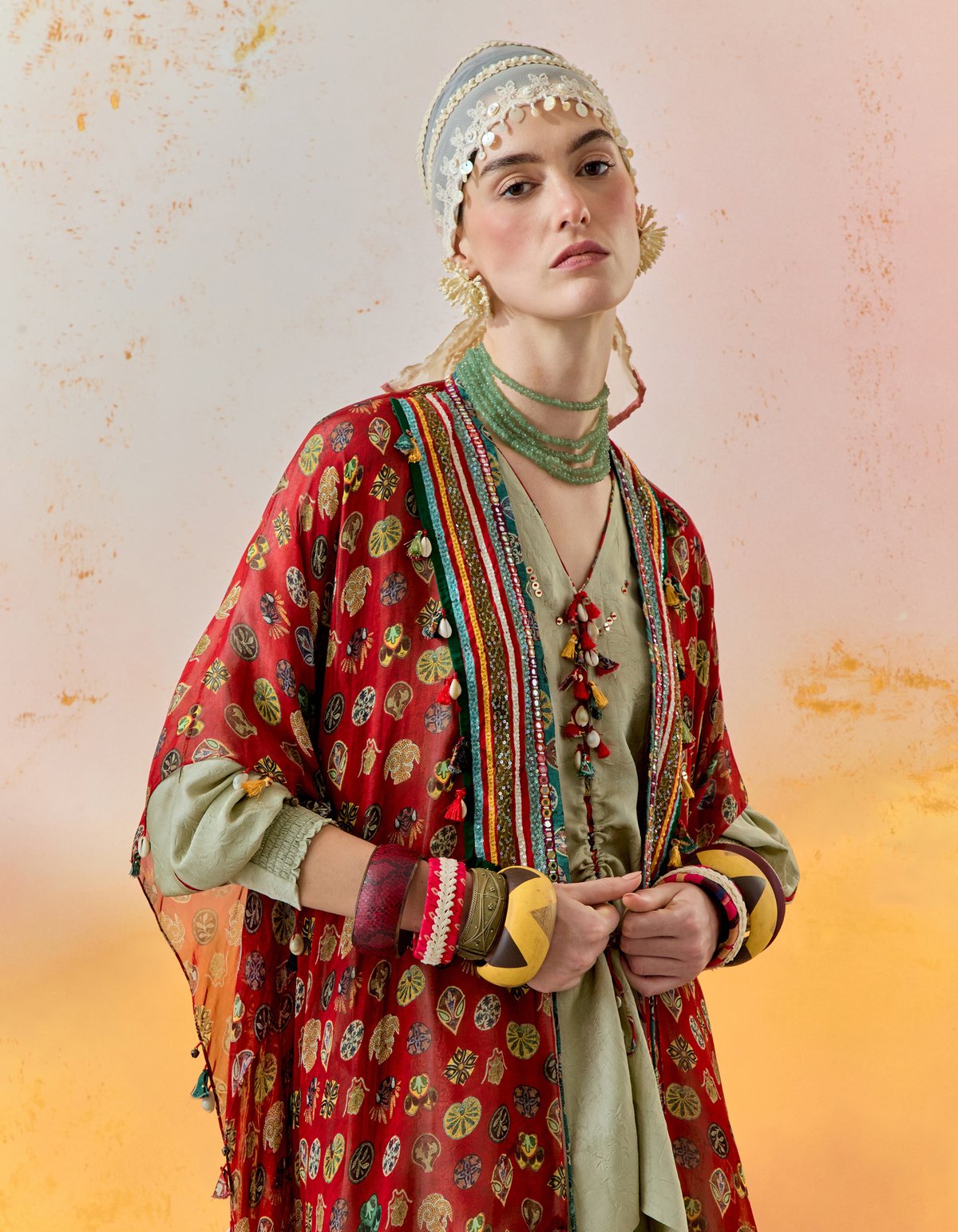 Sindoor Red Sheer Silk Printed Dupatta Jacket