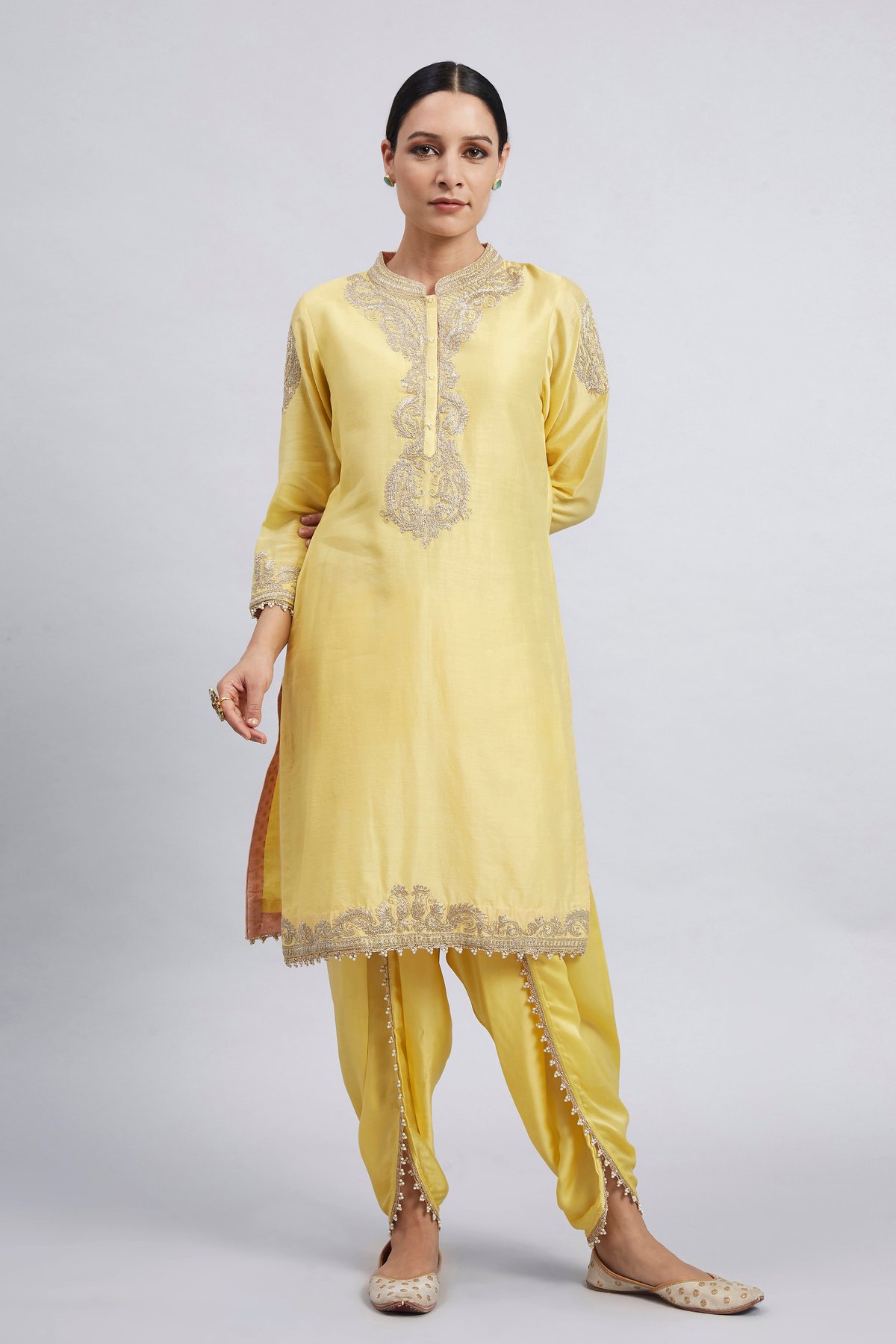 Daffodil Yellow Embroidered Kurta Set with Dhoti