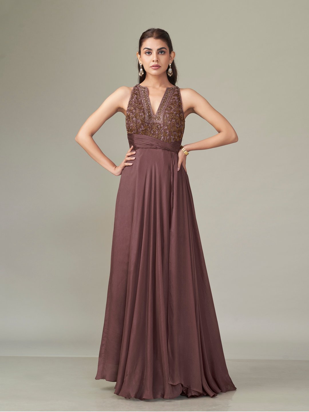 Dusty Rose Chiffon Halter-Neck Embroidered Maxi Gown