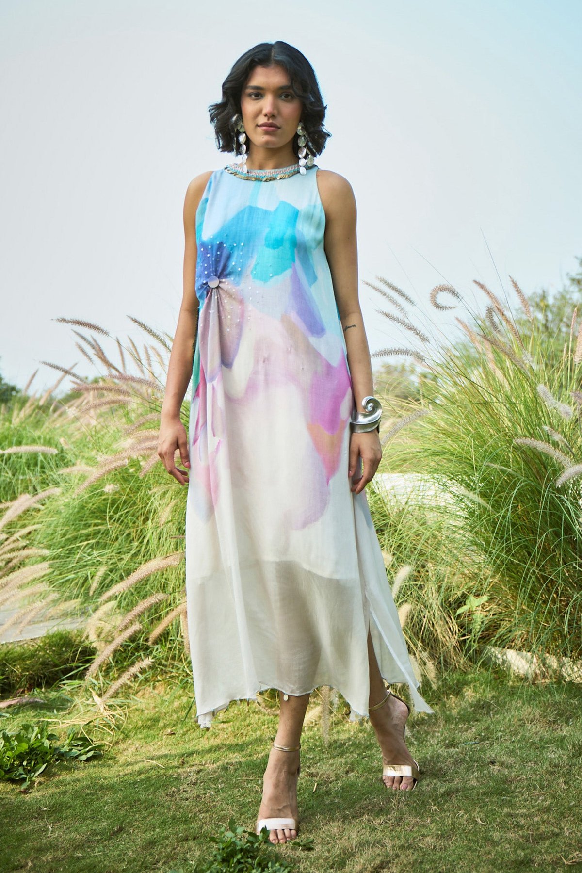 Off-White and Blue Ombre Printed Chiffon Maxi Dress