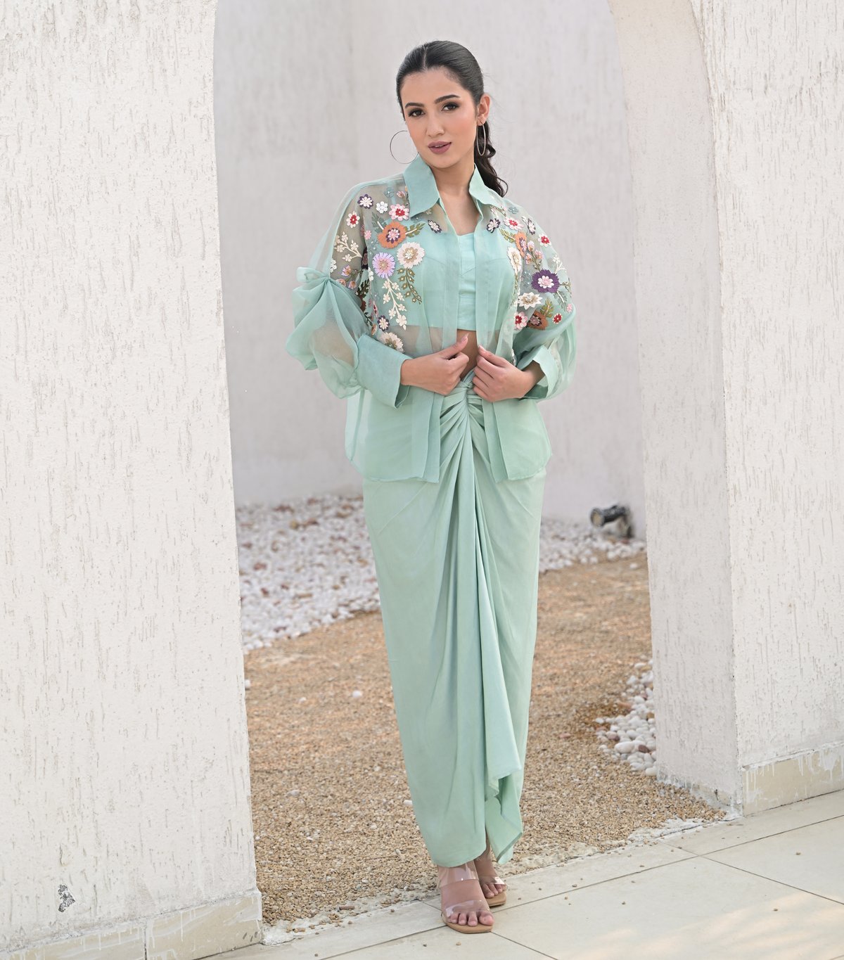 Sea Blue Florium Shirt With Knot Skirt Set