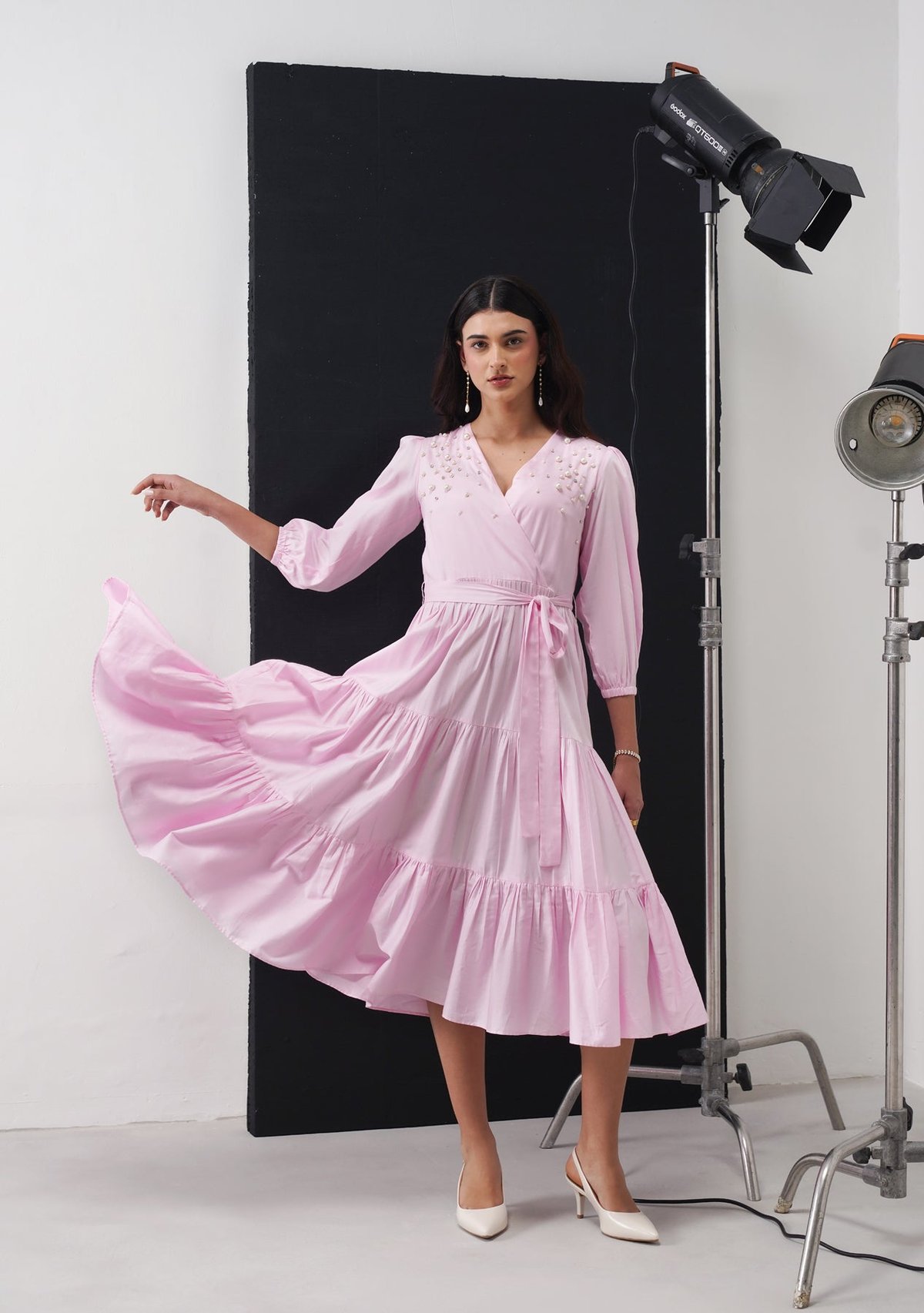 Baby Pink Embellished Tiered Wrap Midi Dress