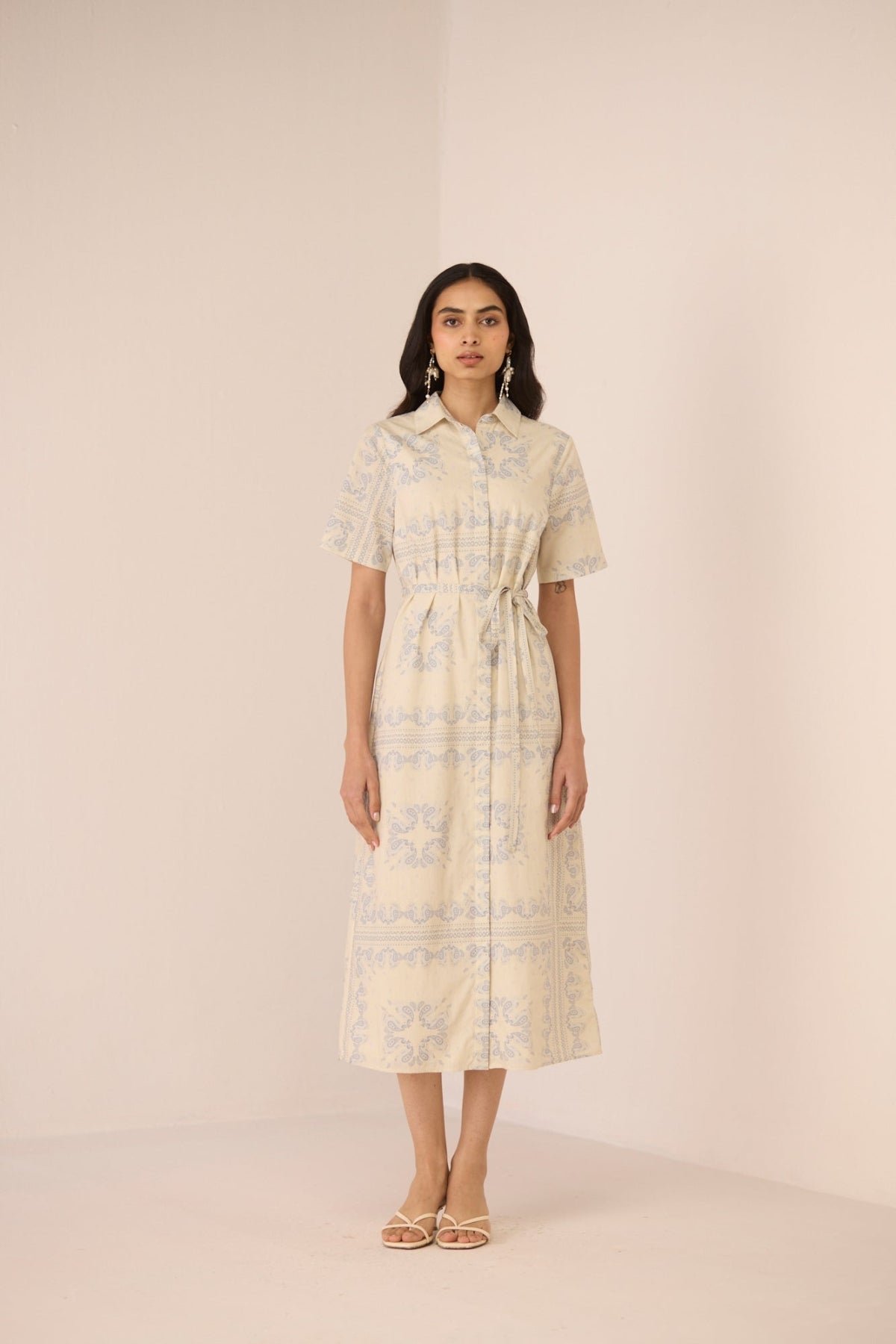 Paisley Blue Cotton Midi Shirt Dress with Belt