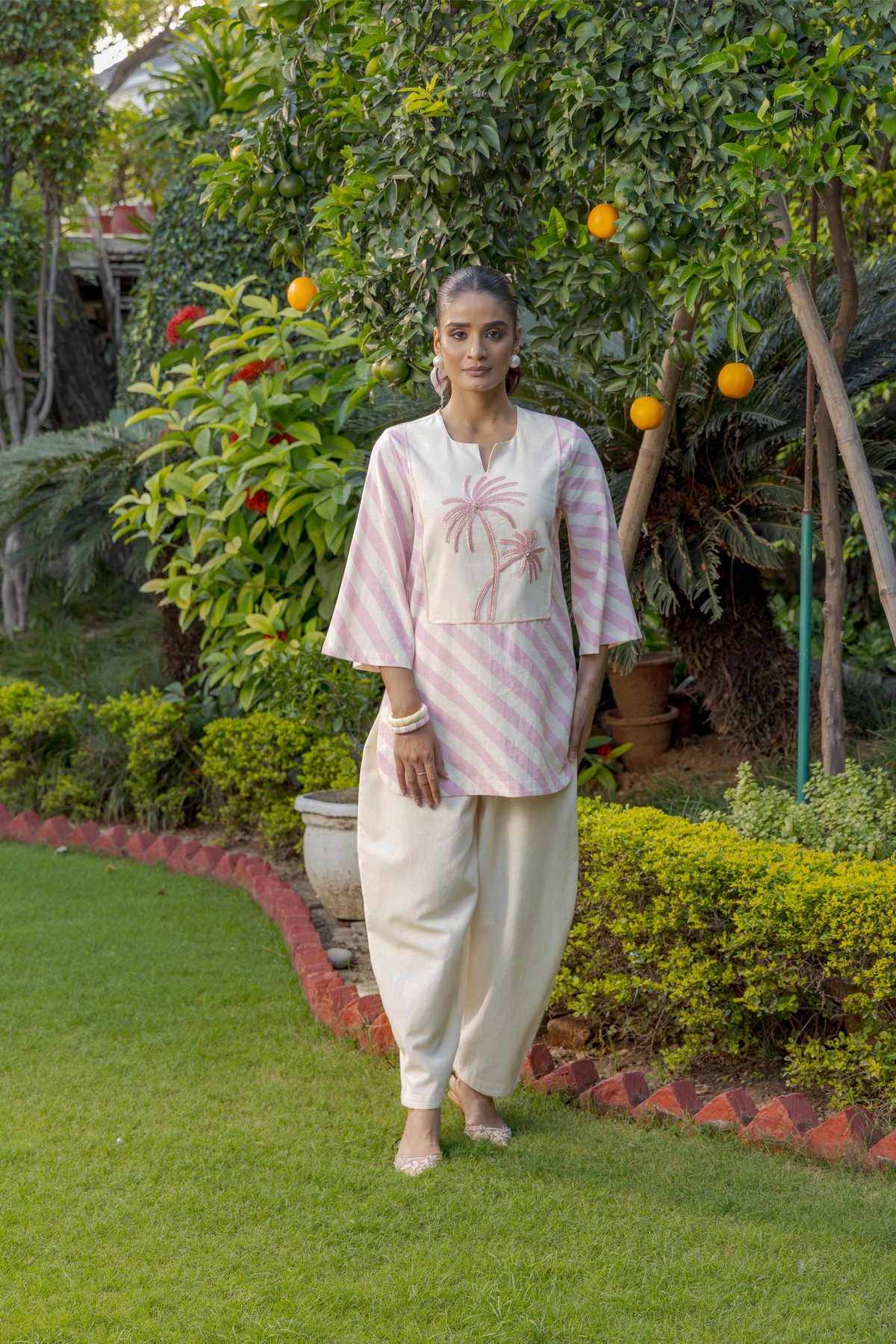 Blush Striped Kurta Set with Palm Embroidery