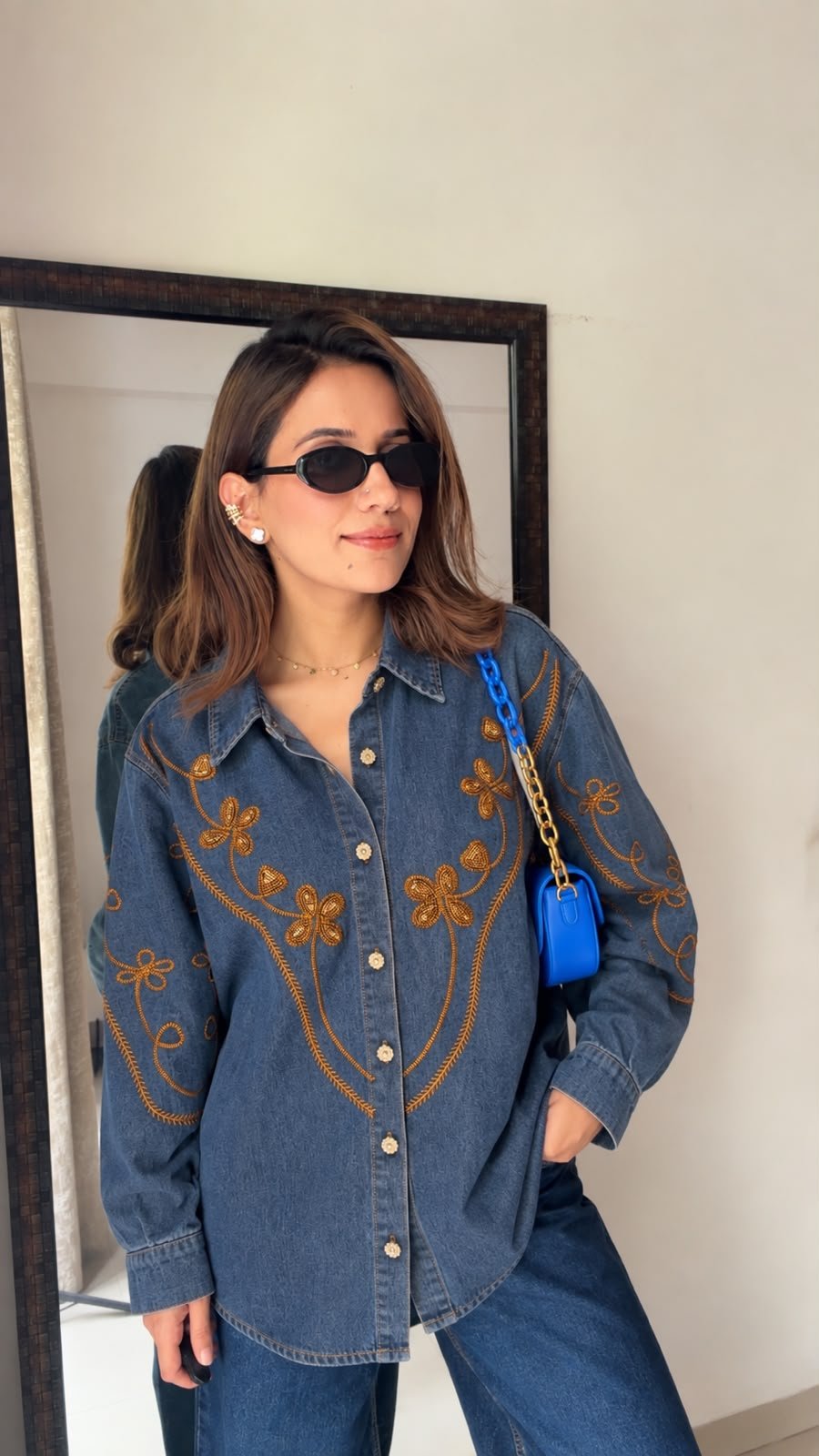 Denim Shirt with Intricate Gold Embroidery