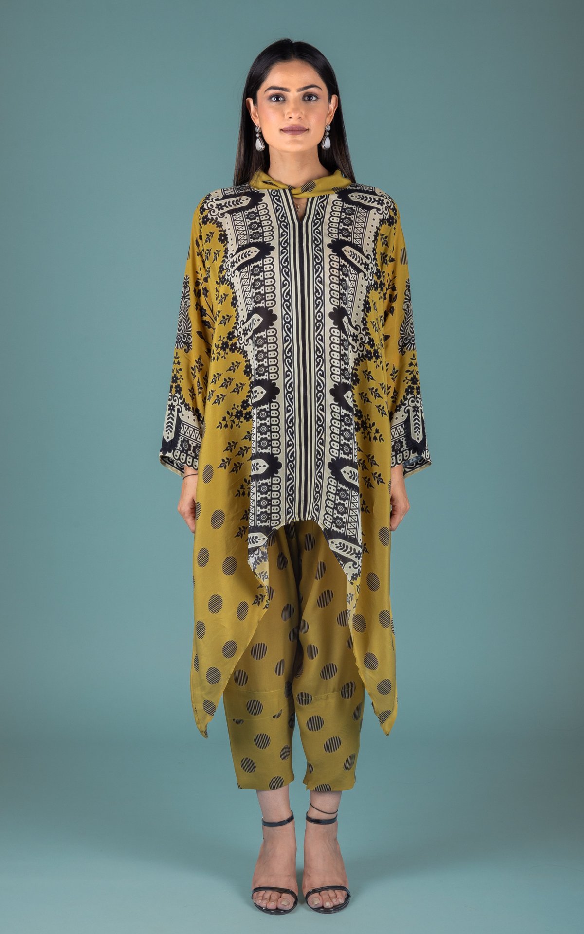 Olive Printed Kaftan-Style Co-ord Set with Tapered Pants