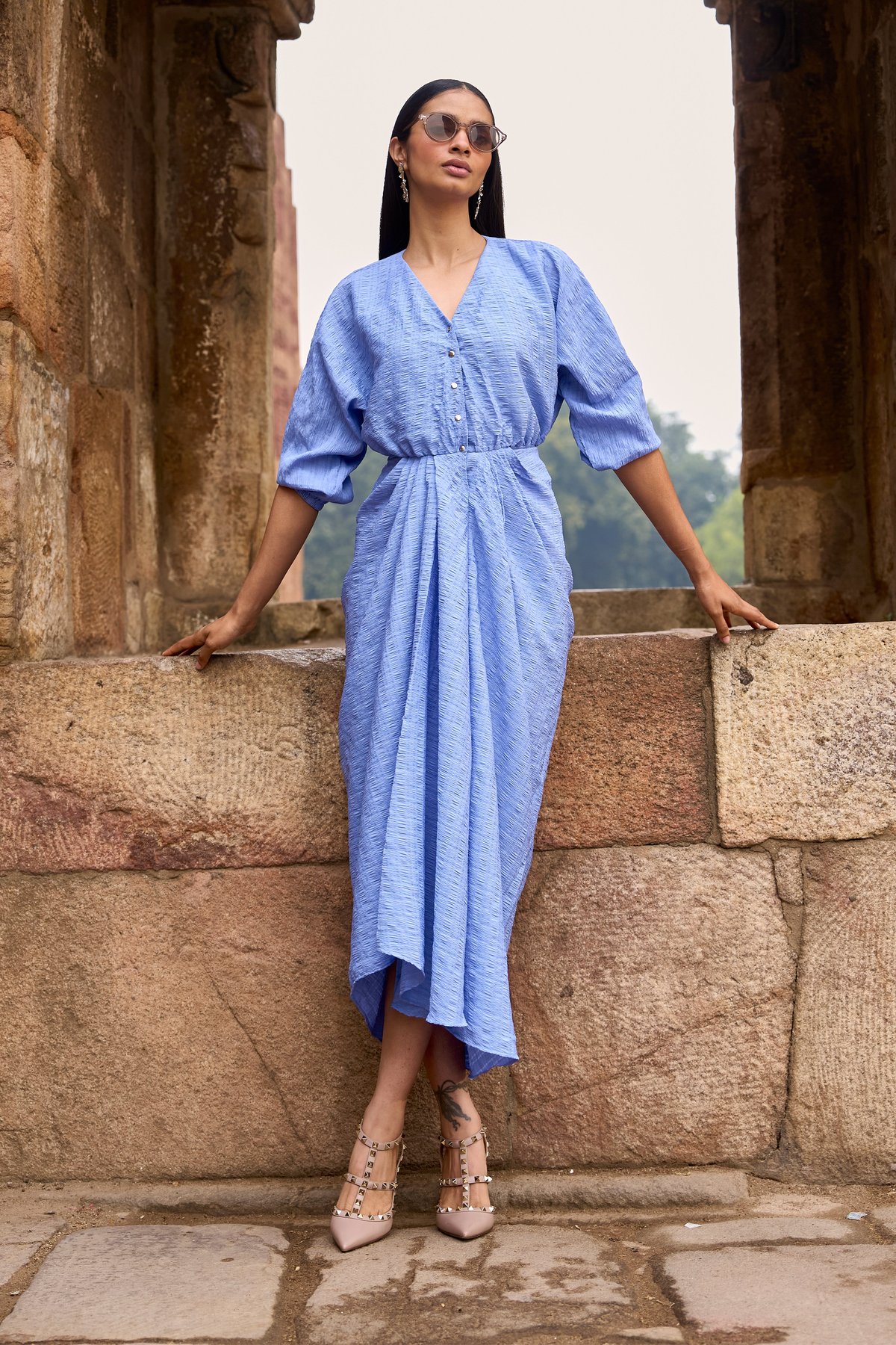 Blue Textured Draped Midi Dress with V-Neck