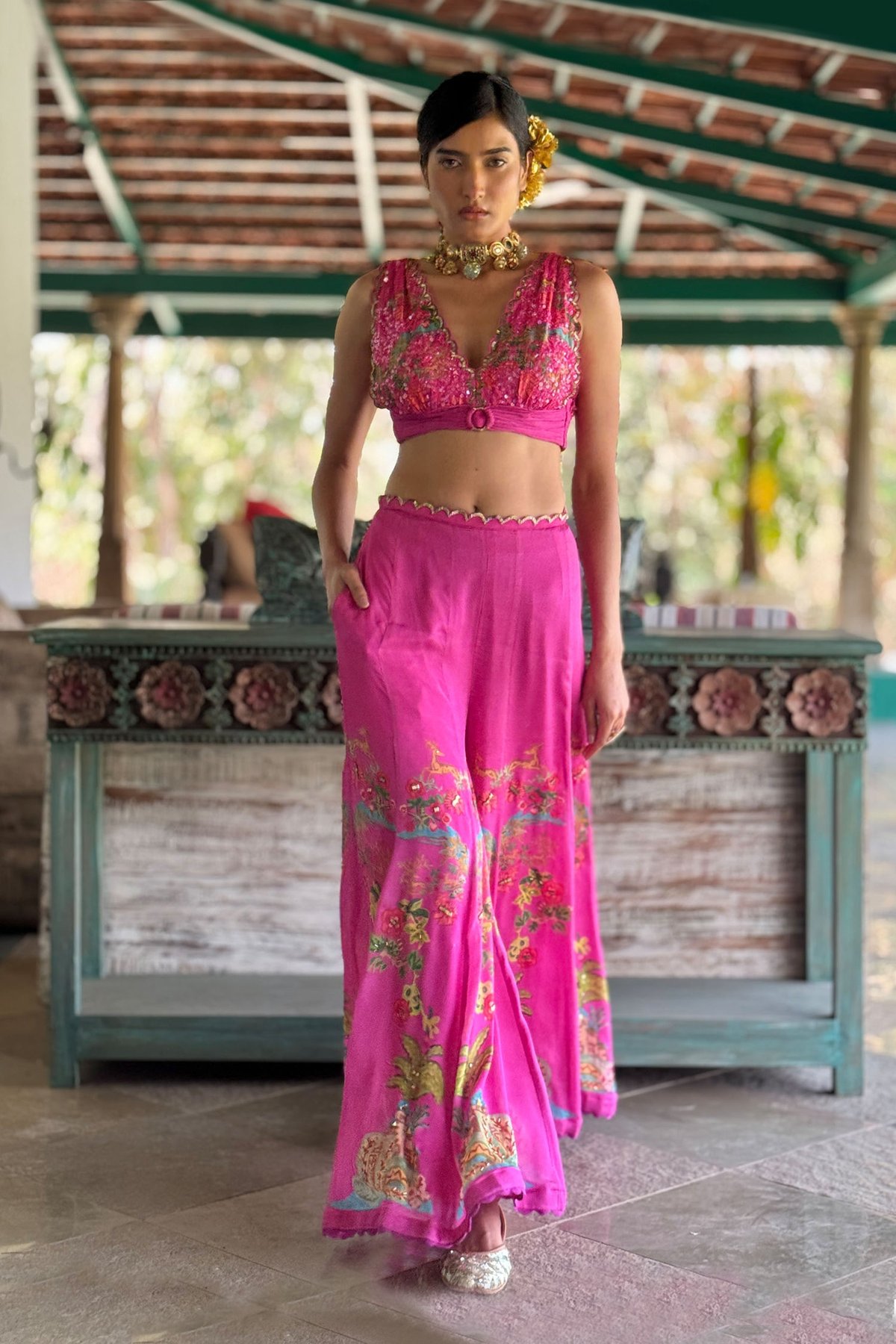 Pink Embroidered Crop Top and Flared Pants Co-ord Set