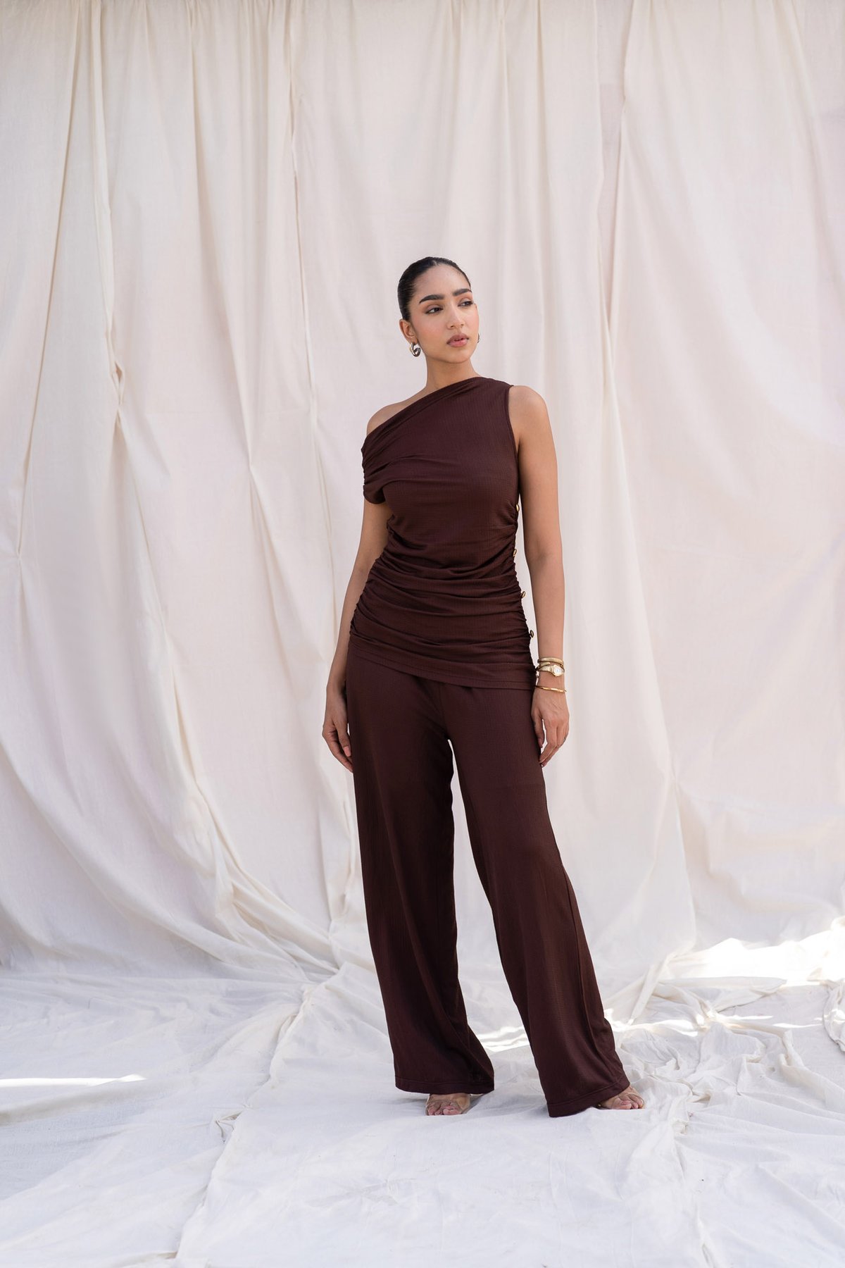 Brown Ribbed Wide-Leg Pull-On Pants
