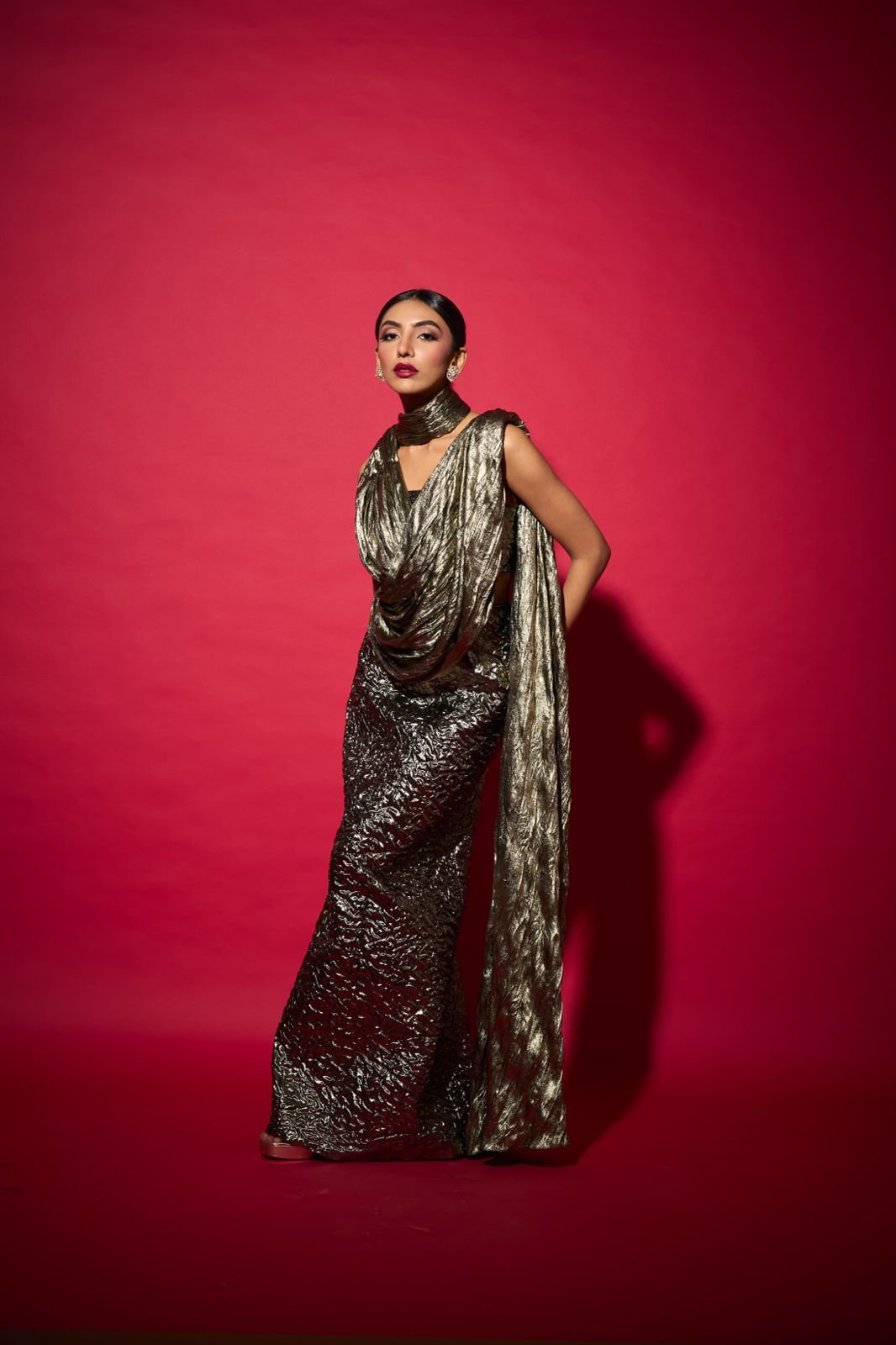 Metallic Gold Saree-Drape Maxi Gown Dress