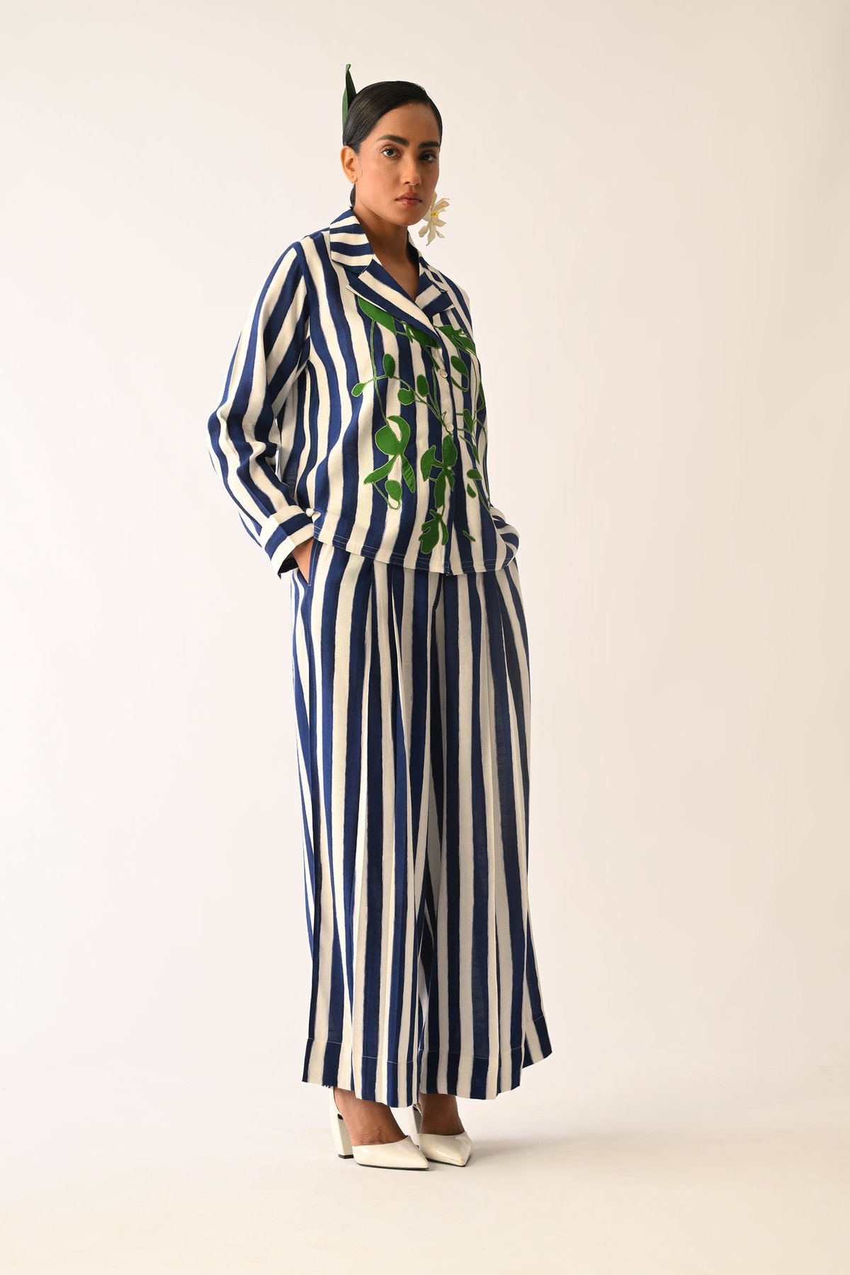 Blue/White Striped Wide-Leg Cotton Trousers