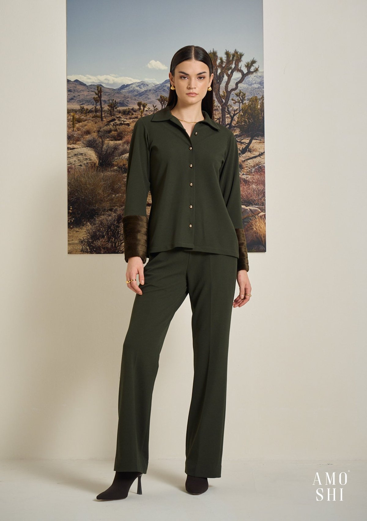 Olive Green Textured Shirt and Trouser Co-ord Set
